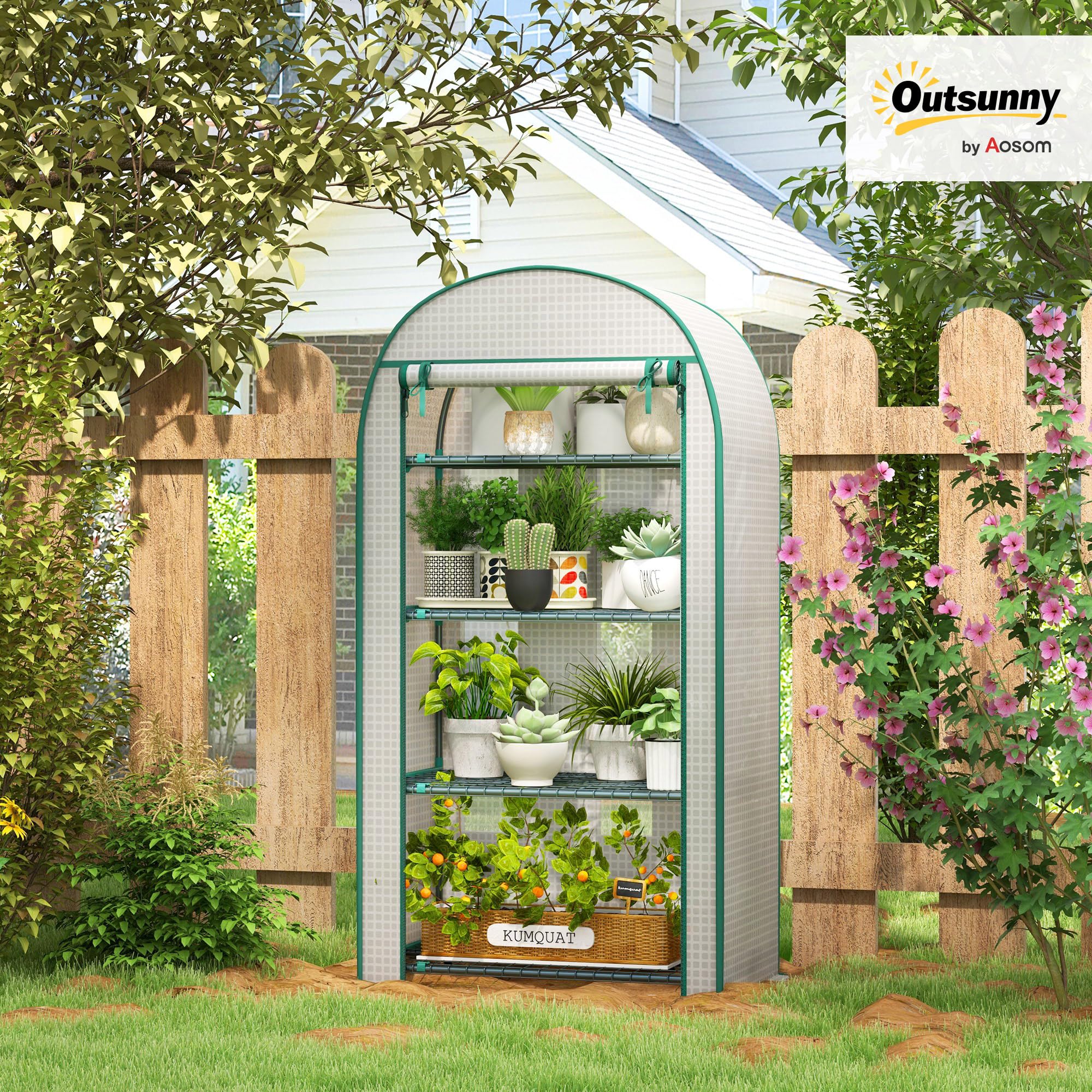 Outsunny Serra da Balcone a 4 Ripiani con Porta Avvolgibile, Serra per Orto con Struttura in Acciaio e Copertura PE, per Piante Orto Verdure Fiori Frutta, Anti UV, 80x50x160 cm, Bianco