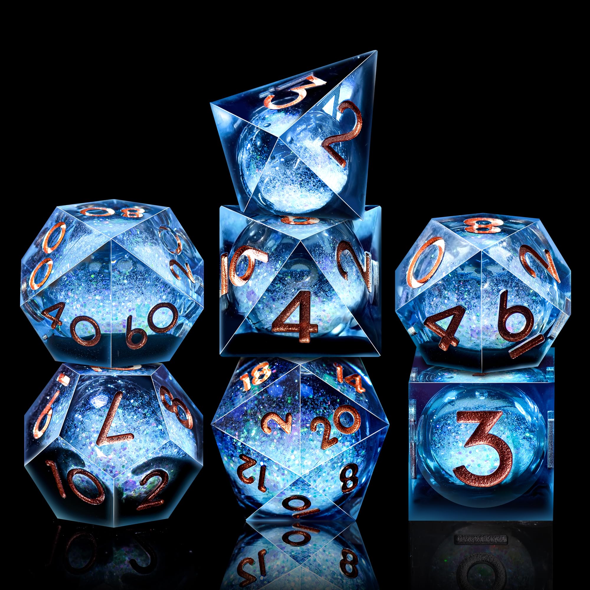 SIQUK 7 Piezas Dados Nucleo Liquido Juego Dados Poliedricos D4 D6 D8 D10 D12 D20 D% DND Dice para RPG MTG Dungeons and Dragons, Azul & Negro, Dorado - 2
