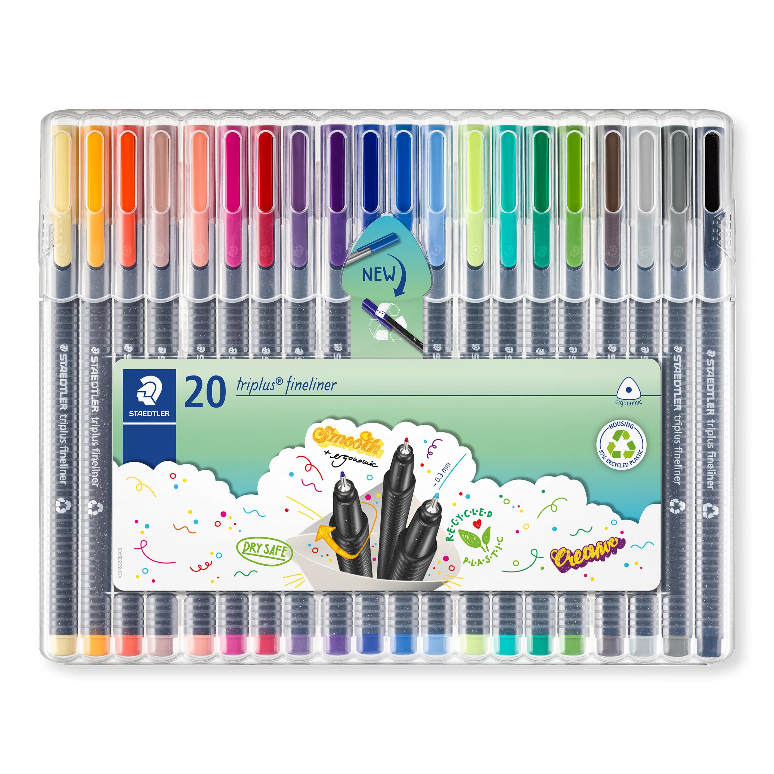 334 SB20 Triplus Fineliner Superfine Pen, 0.3mm Line Width - Assorted Colours (Desktop Box of 20)
