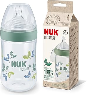 NUK for Nature Babyflaschen | mittelgroßer Trinksauger | 260 ml | Der Mutterbrust nachempfundener Anti-Colic Trinksauger ( Silikon) | Temperature Control | Nachhaltige Materialien | Grün
