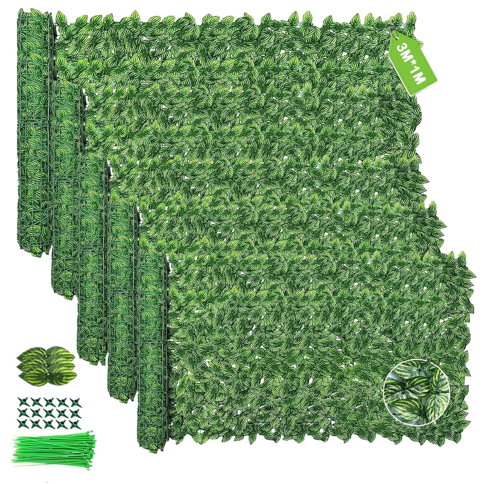 5PCS Artificial Ivy Fence Screening, 3M X 1M Garden Screening with 500pcs Zip Ties,Garden Screening Roll,Ivy Trellis Screening,Artificial Leaf Trellis,Foliage Wall Panel,UV Resistant