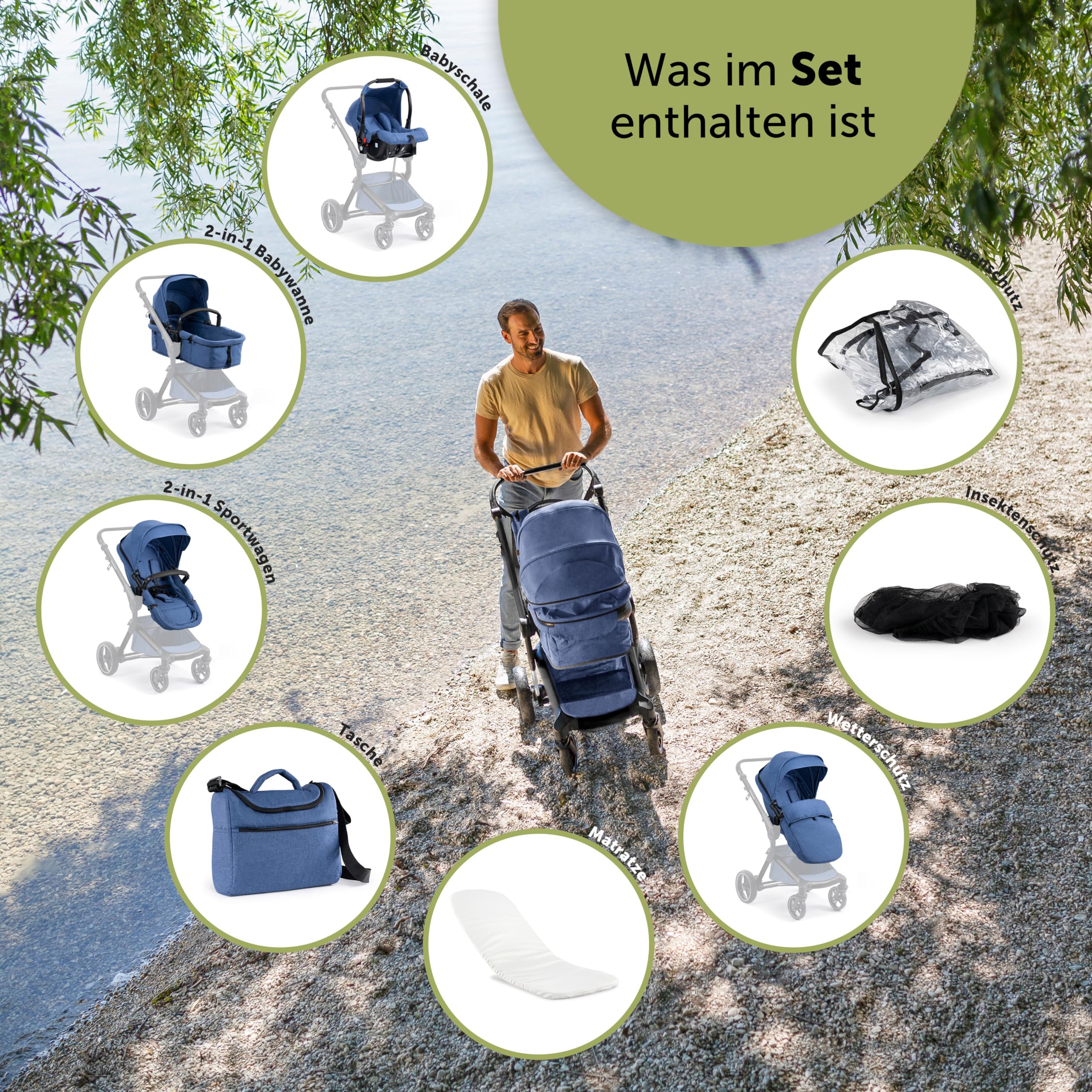 Bergsteiger Lugo 3in1 Kombikinderwagen Komplettset inkl Babyschale | Mobilität ab Geburt dank Babywanne Buggy Aufsatz Sonnenschutz und Wetterfußsack passend für die Isofix Station