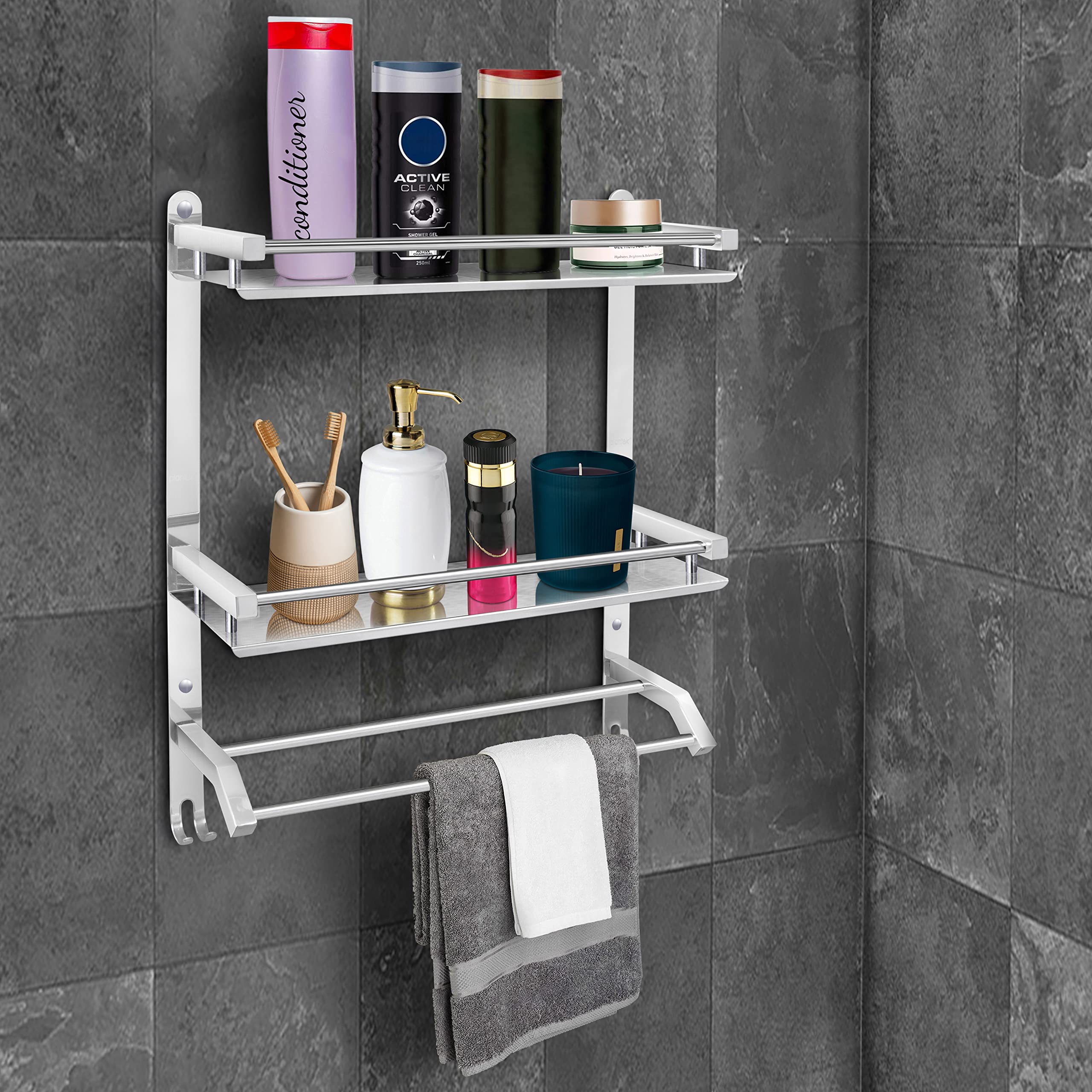 Plantex Bathroom Stand for Wall Mount/Stainless Steel Bathroom Shelf - with Hooks, 2 Towel Rods/Hanger/Bathroom Fittings Accessories Set (3-Tier, Chrome) (B09VL3Y45F) Amazon Price History, Amazon Price Tracker