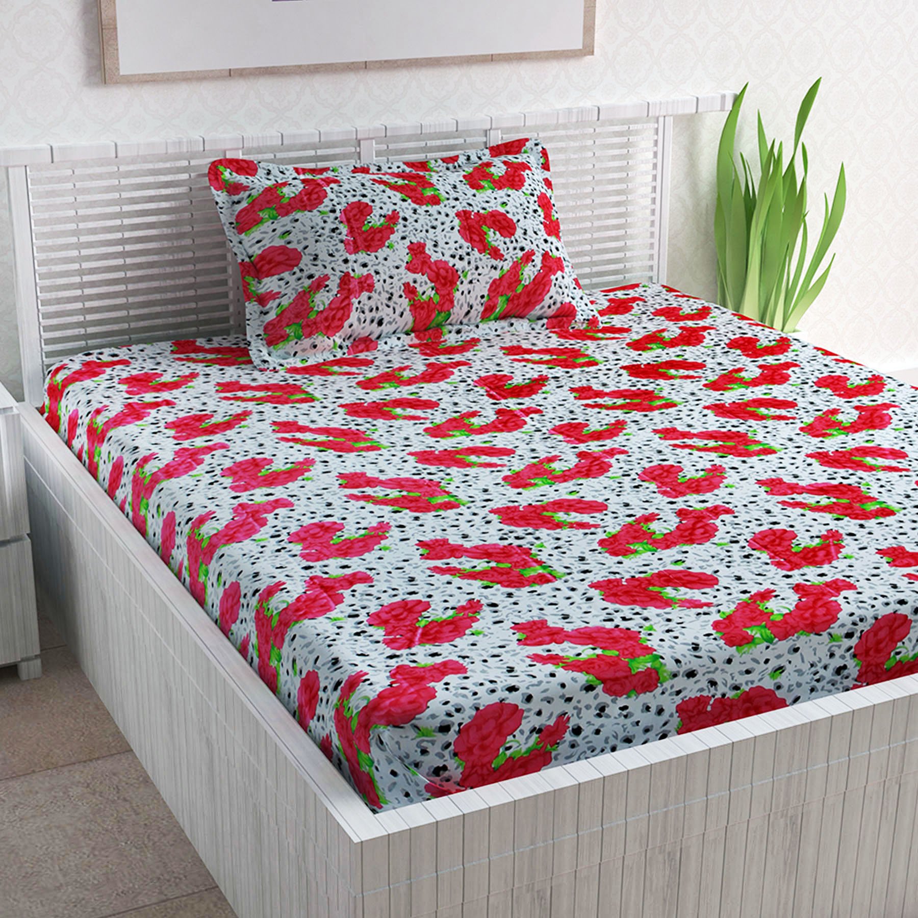 Divine Casa Sense Cotton BedSheet with 1 Pillow Cover - Floral, Red and Black