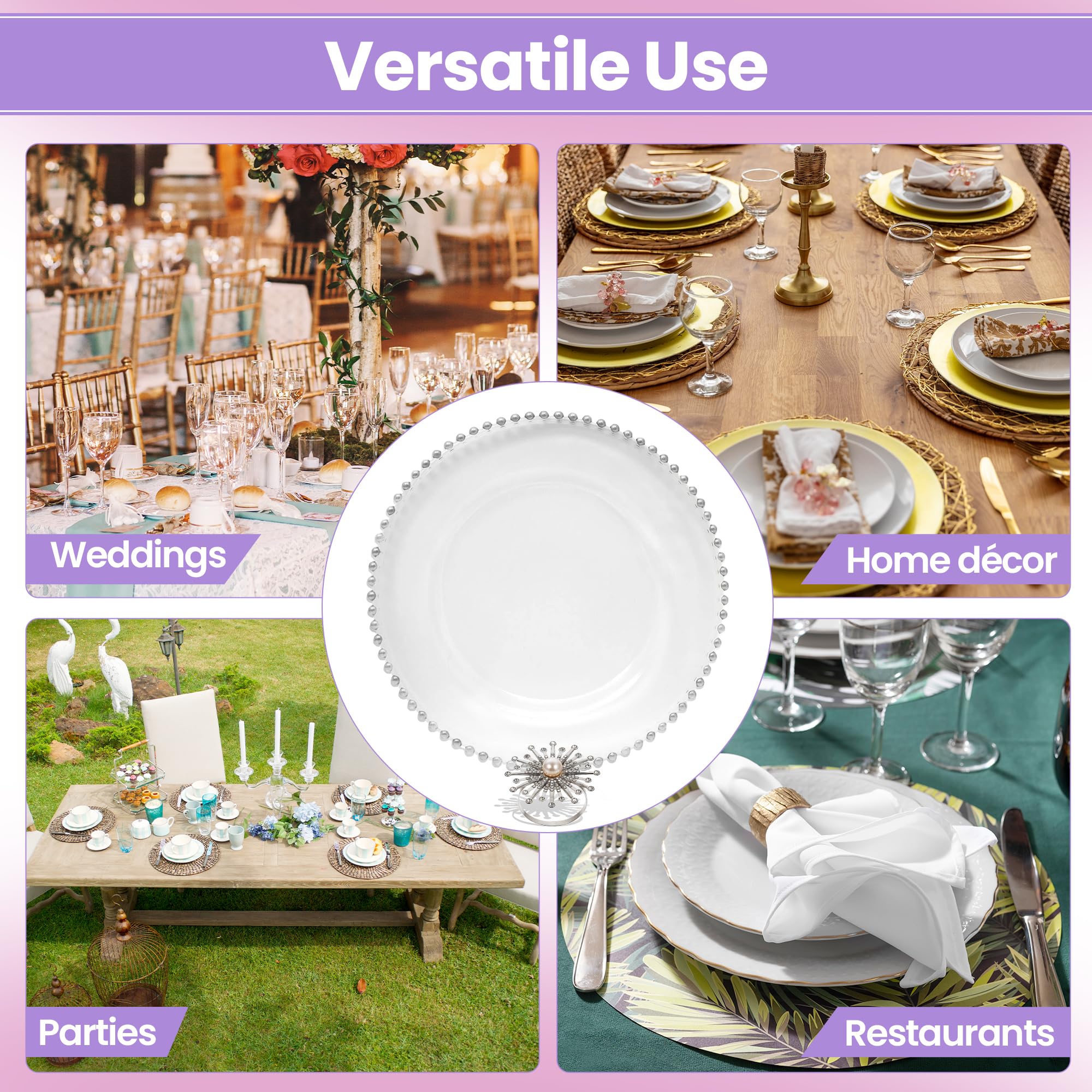 Juego de platos de cristal transparente con borde de cuentas plateadas y servilleteros con diamantes de perla, elegantes cargadores de 33 cm para bodas, fiestas, banquetes, eventos y decoración de