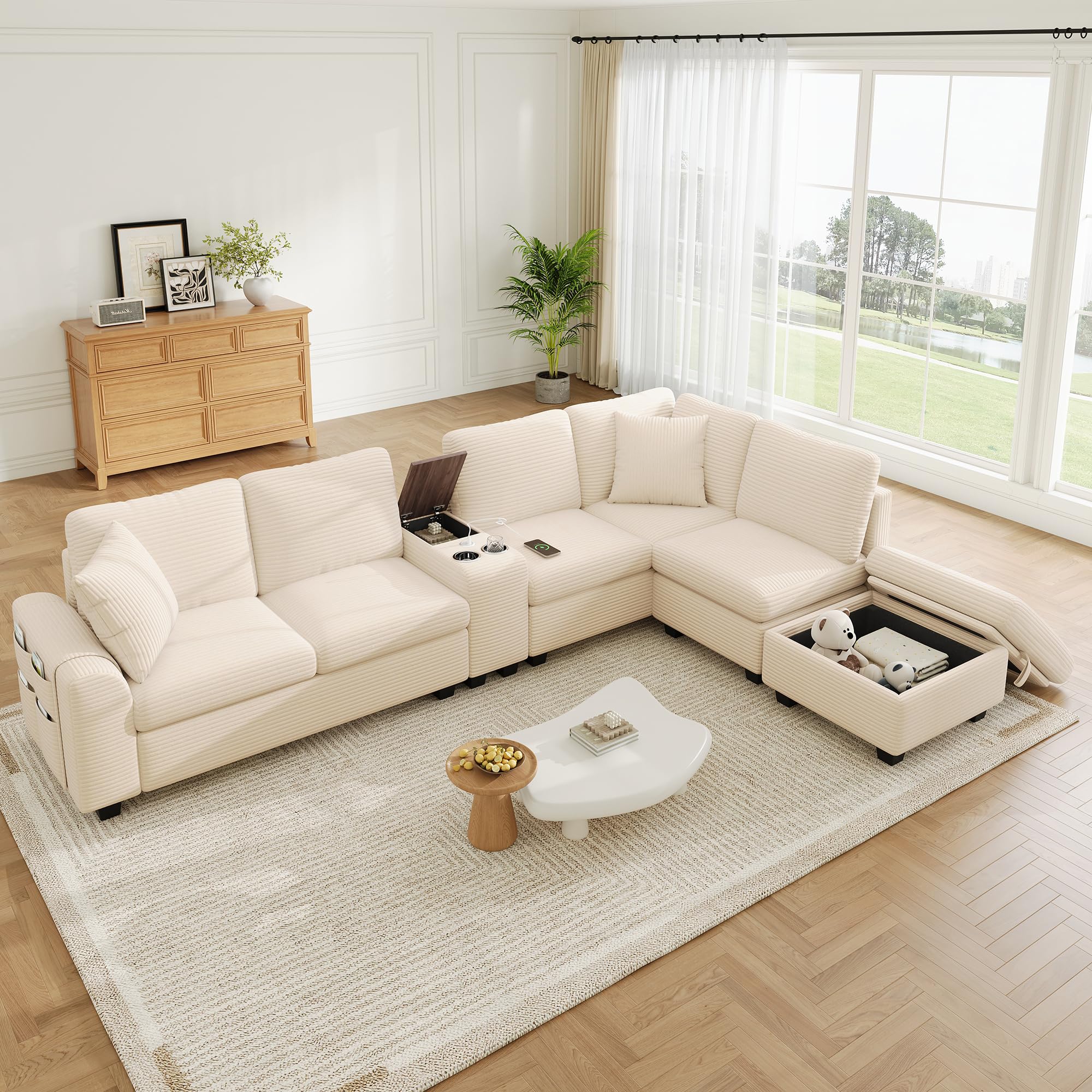 Idemon Sofá esquinero modular U/L de 6 plazas con espacio de almacenamiento, consola central móvil con 2 portavasos, conexión USB/Type-C, compartimentos ocultos y bolsillos para reposabrazos, tela de