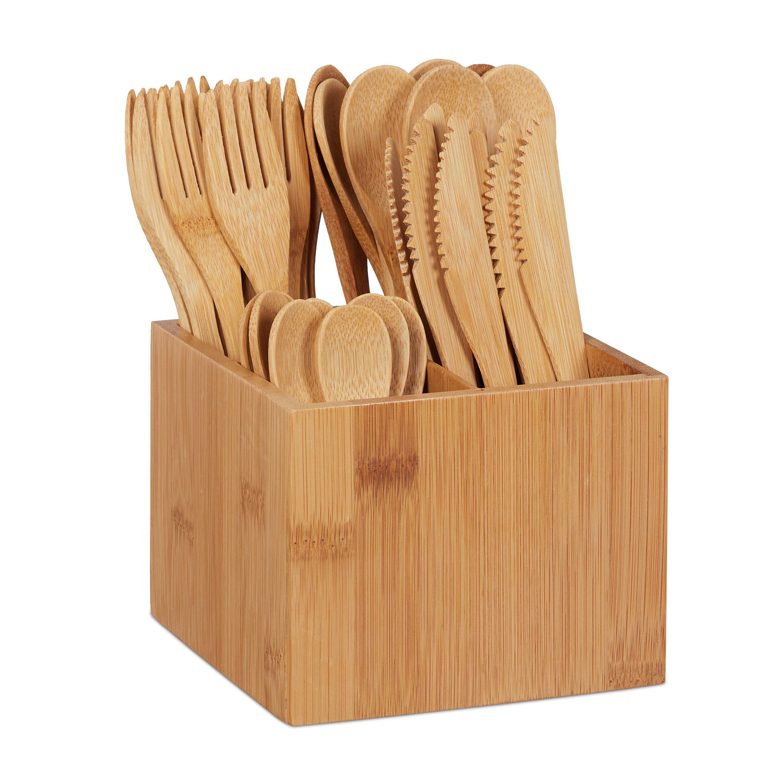 Relaxdays Bamboo Cutlery Set, Each 10 x Knives, Forks, Spoons &Teaspoons, Cutlery Holder, Reusable, 41 Pieces, Natural