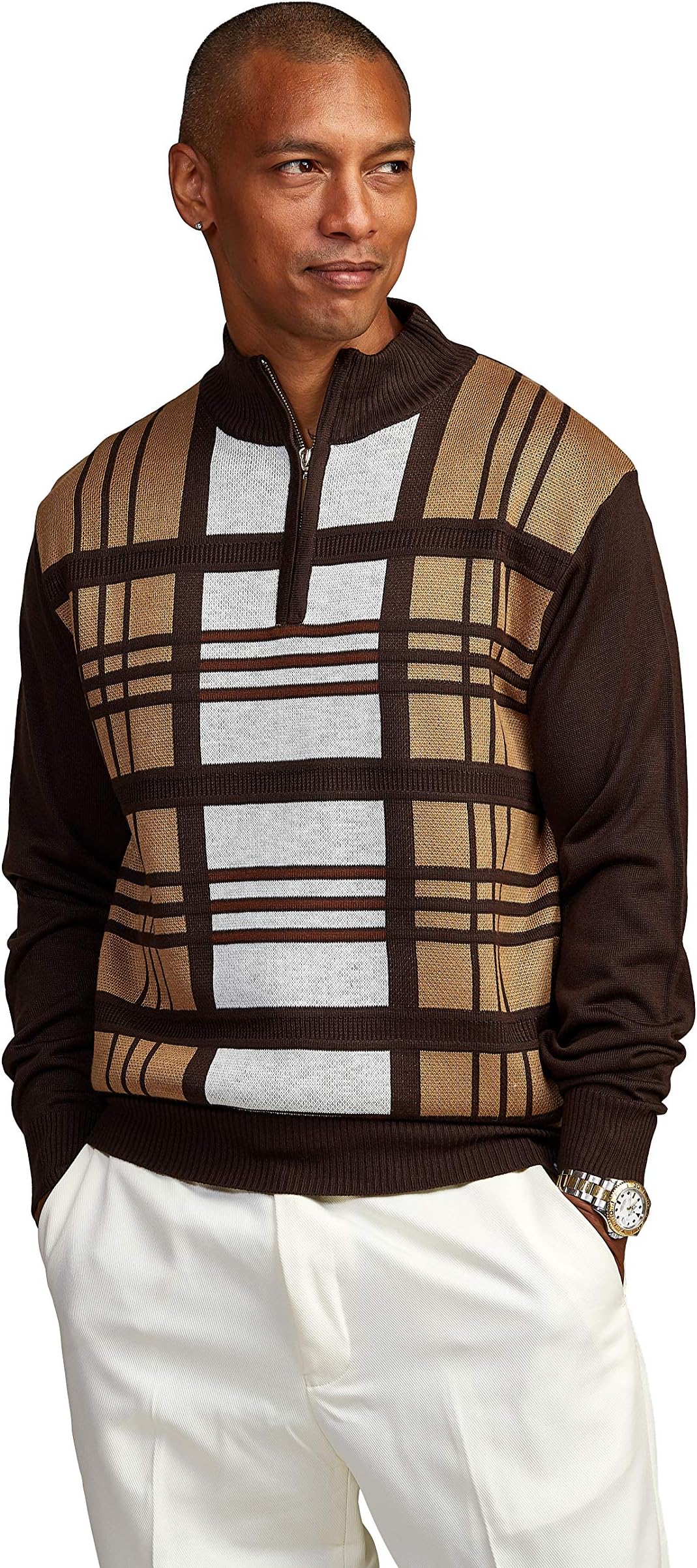 STACY ADAMS Men's Sweater, Double Windowpane Design (Large, BROWN2)