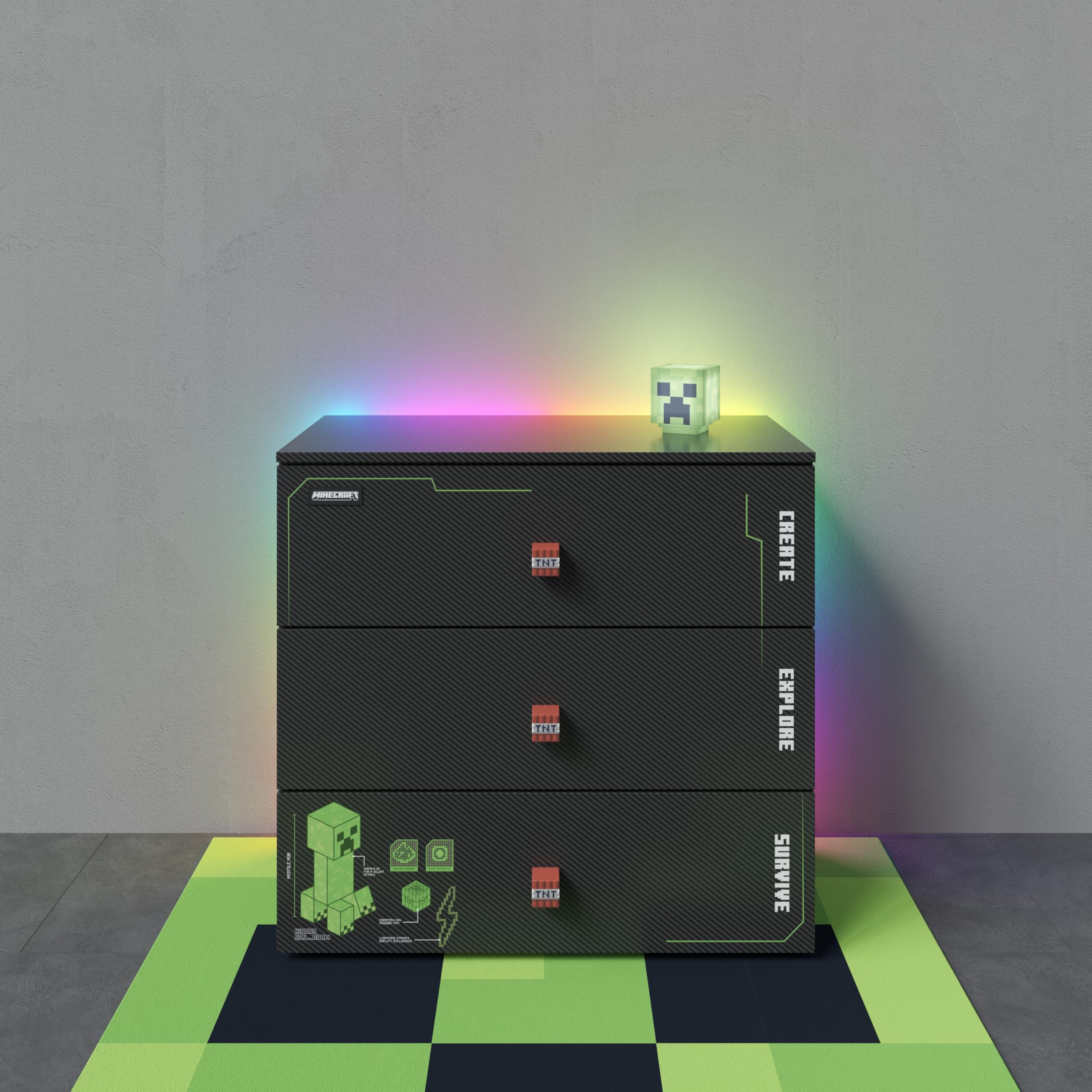 original Minecraft Kommode mit 3 Schubladen und LED Beleuchtung