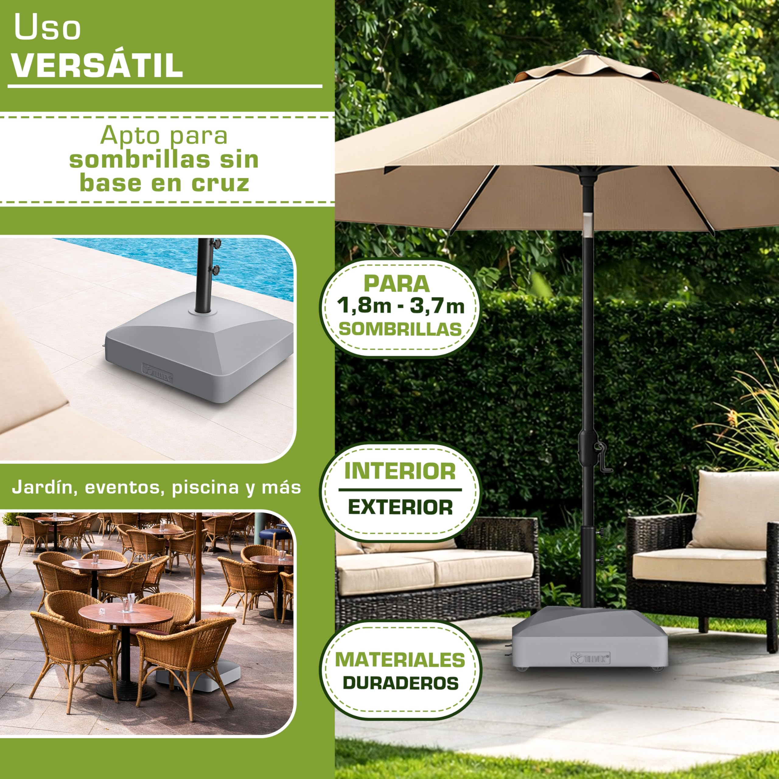 tillvex® Base de sombrilla GRAVIA con Ruedas y Frenos | Soporte de lastre rellenable 37L / 56kg | Pie para Parasol y sombrilla de Mercado Ø 1,8-3,7m | Resistente a la Intemperie y UV (Gris) — view 5