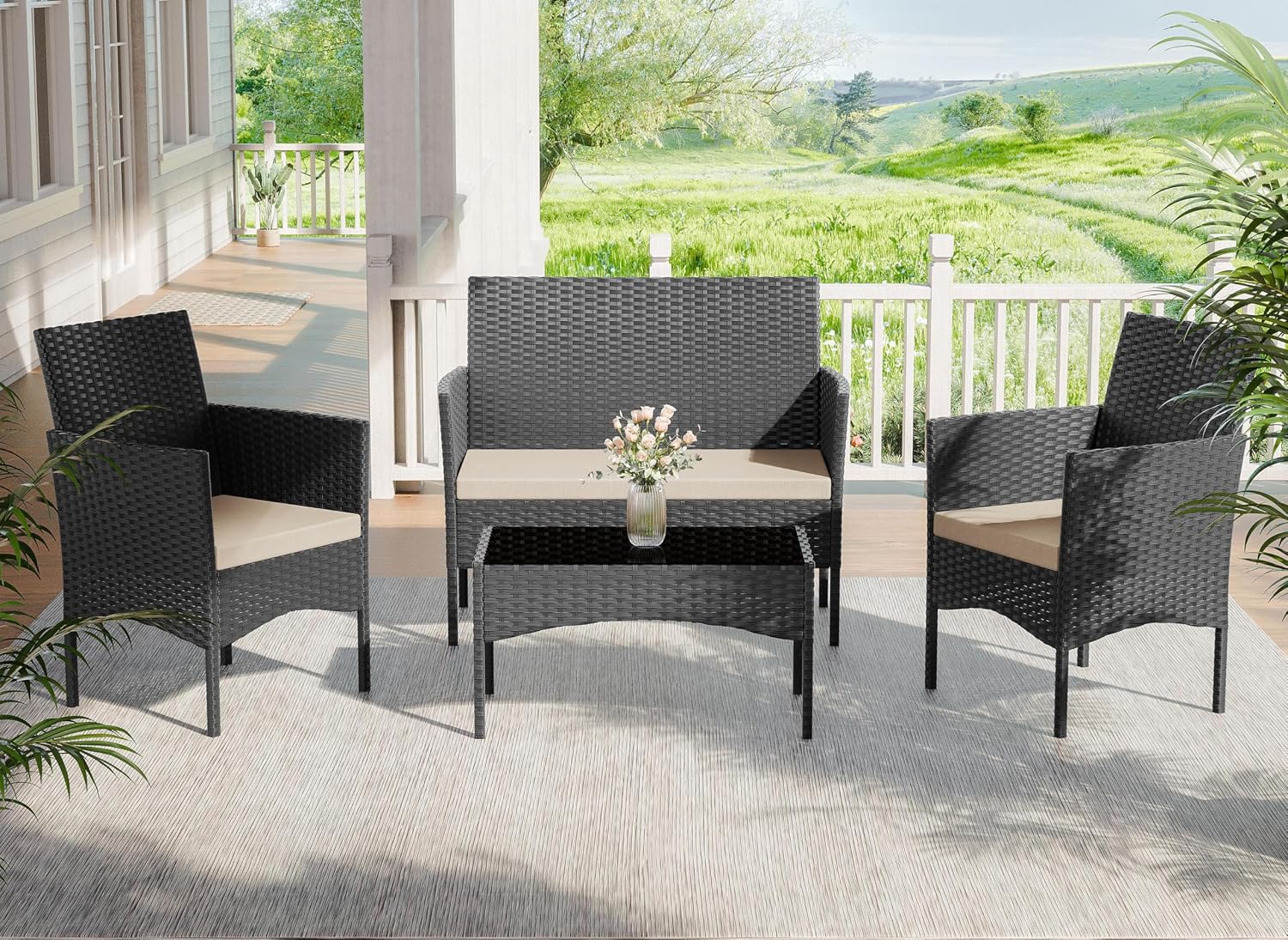 Patio Furniture Set 4 Pieces Outdoor Rattan Chair Wicker Sofa Conversation Sets w/Coffee Table, Rocking Bistro Set, for Patio Lawn Balcony, Sand