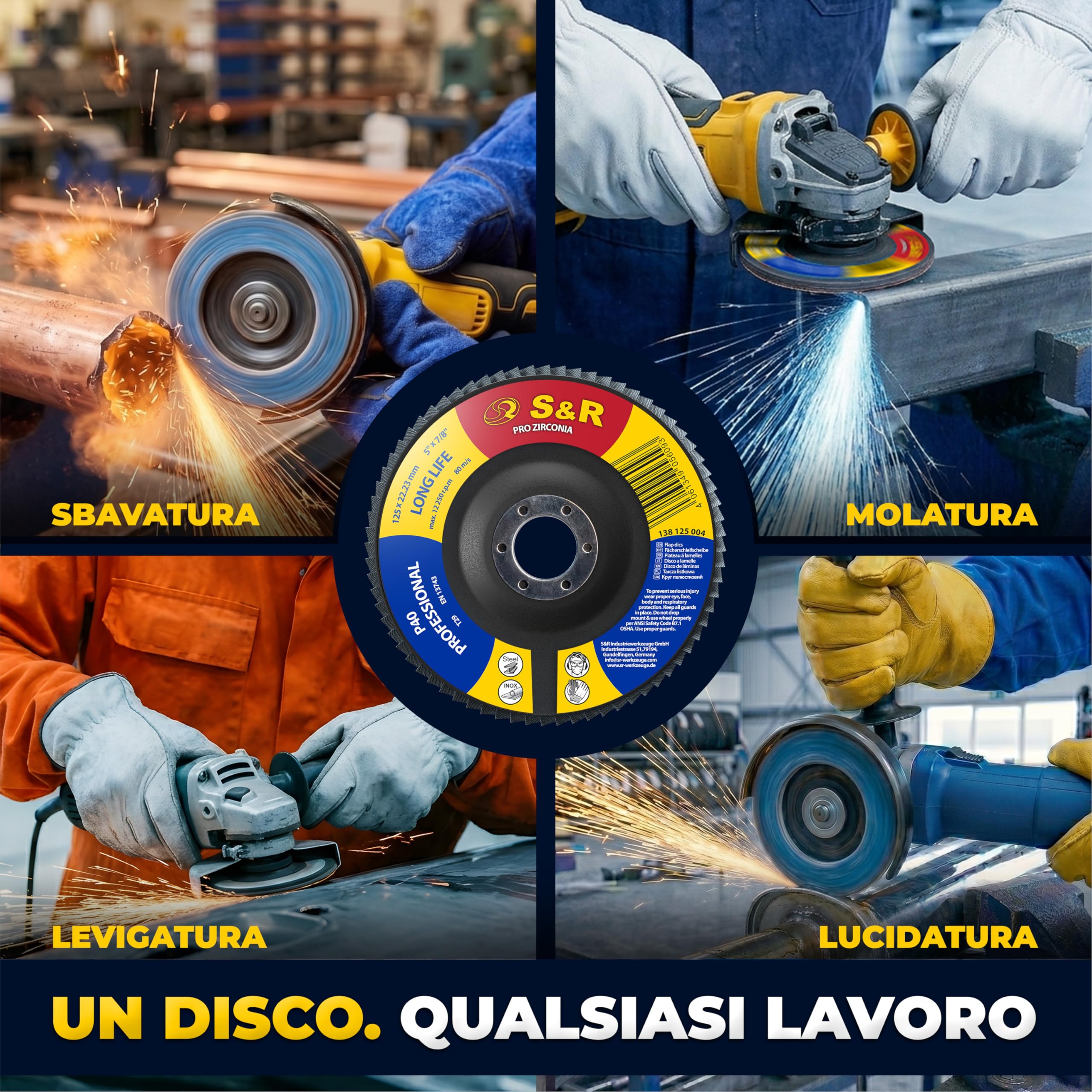 S&R 20 Dischi Lamellari 125mm Set Grana 40-60-80-120 | Corindone di zirconio per metalli duri · Rinforzo in fibra di vetro · Per sbavatura e rimozione ruggine