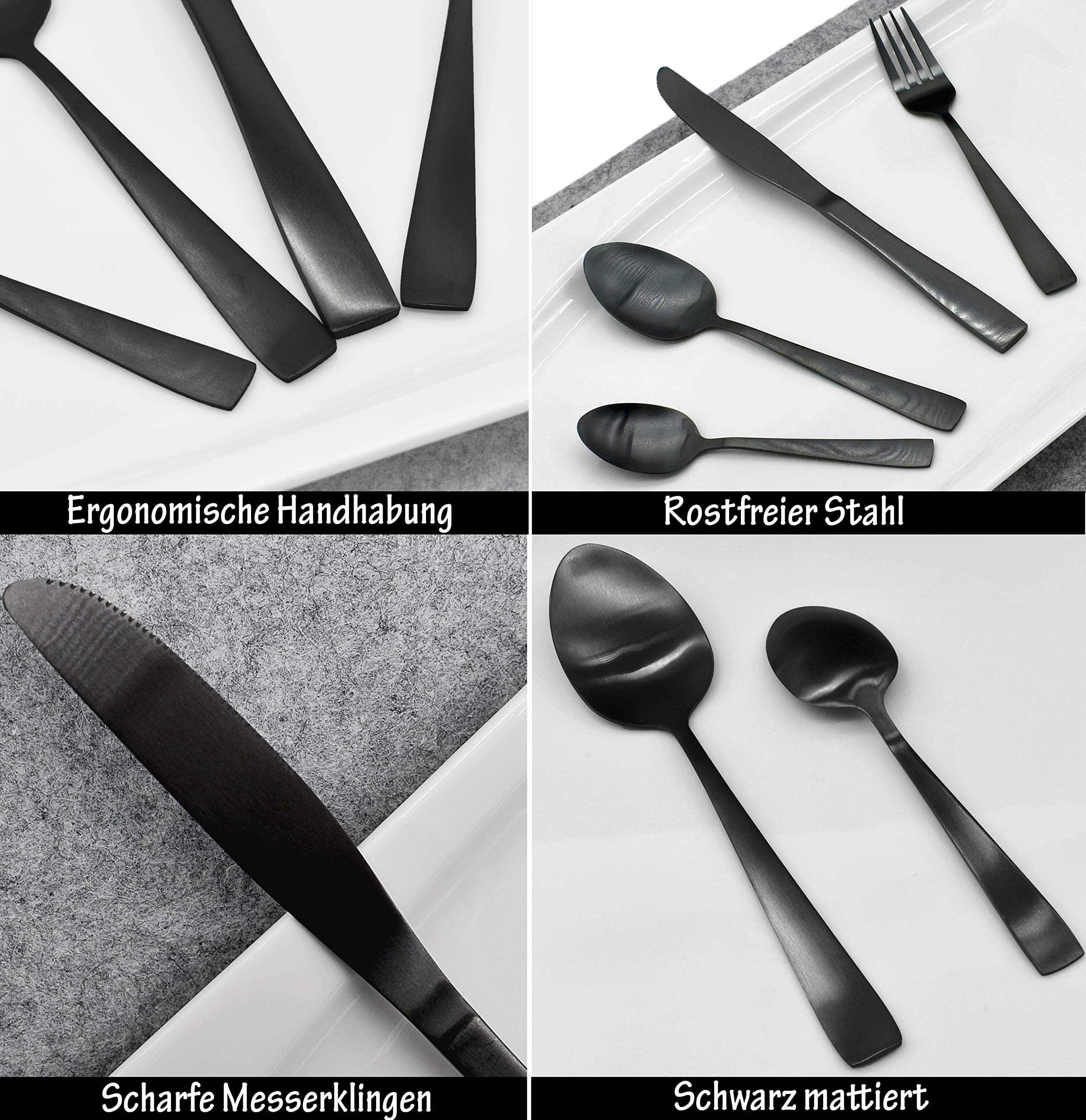 16/32 teiliges Edelstahl Besteck Set Tafelbesteck Essbesteck Gabel Messer Löffel Set schwarz matt/silber bis 8 Personen (Schwarz 32-teilig)