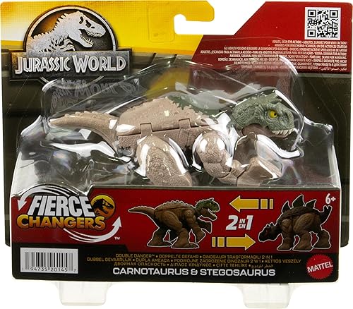 Miniatura 6 de Mattel Jurassic World - Juguete transformador de dinosaurio de estegosaurio a carnotaurio, juguete 2 en 1 de doble peligro de 11 pasos, cambiadores