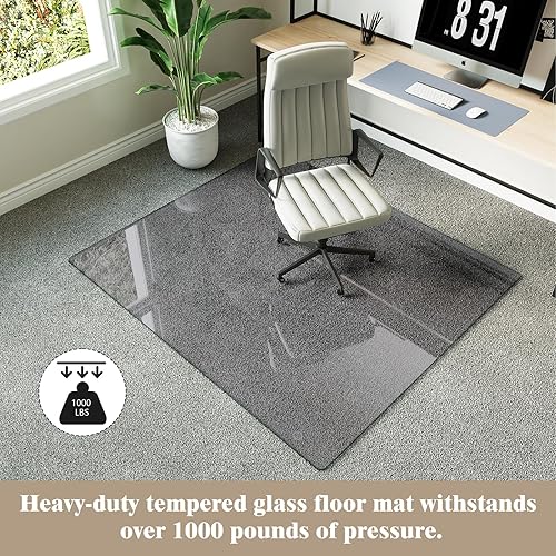 Vista 29 de Koonmi Tapete para silla de vidrio templado para suelos de madera dura y alfombras, 30 x 48 pulgadas, color gris, protector de piso de oficina