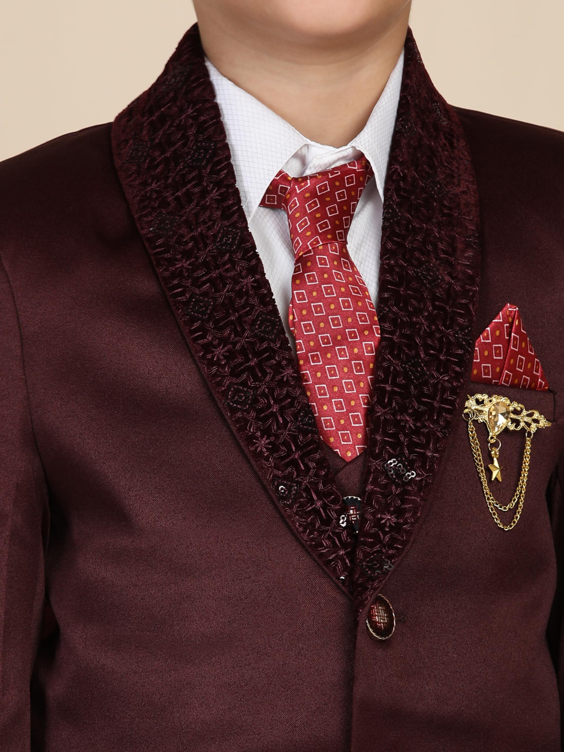 Pro-Ethic Style Developer Cotton 5 Piece Boys Suit Set for Kids Wedding Outfit | Set of Shirt, Regular Fit Pants, Coat, Waistcoat and Tie for Kids, Maroon, 13-14 Years - Image 5 thumbnail