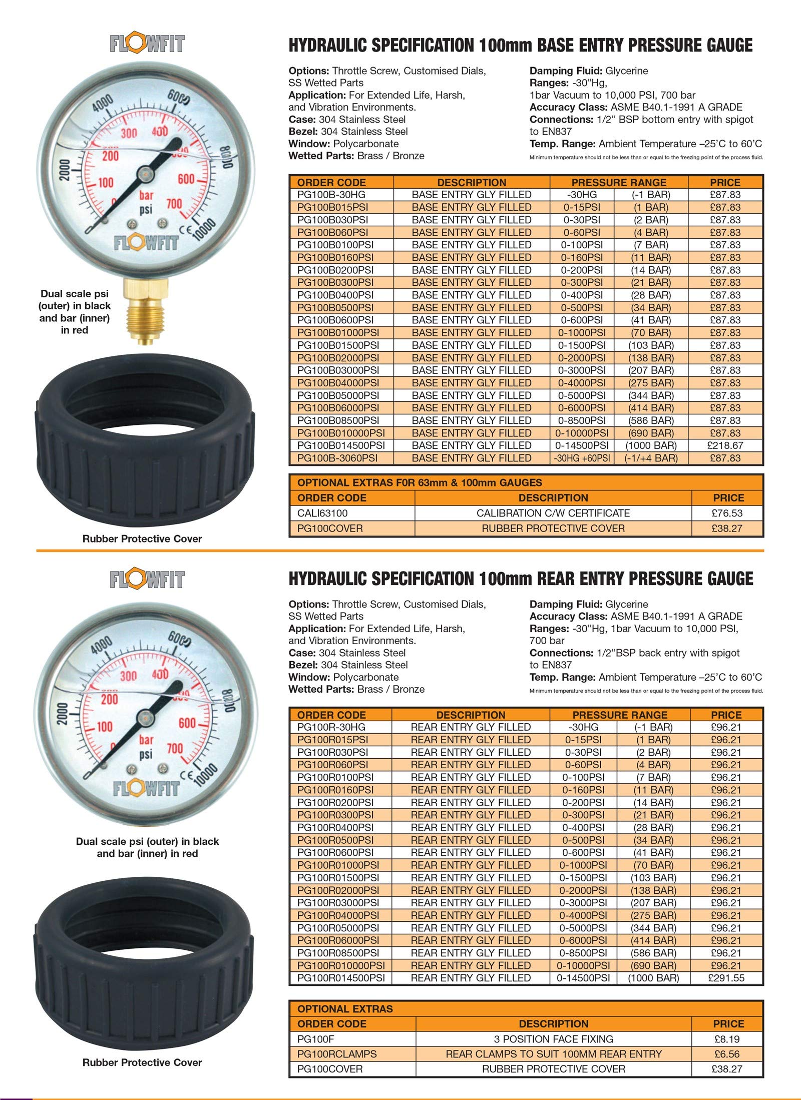 Medidor de presión Hyd relleno de glicerina de 100 mm 0-1000 PSI (70 BAR) 1/2" BSP Entrada trasera