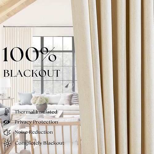 Miniatura 101 de Cortinas opacas de lino con pliegues pinzados de 90 pulgadas, 2 paneles para sala de estar, crema natural, cortinas 100% opacas de 90 pulgadas