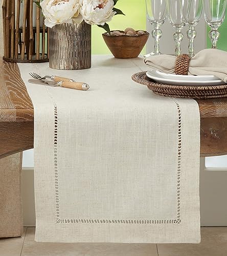 Miniatura 3 de Saro Lifestyle Camino de mesa con dobladillo de mezcla de poliéster y lino con borde de vainica, 16 x 72 pulgadas, natural