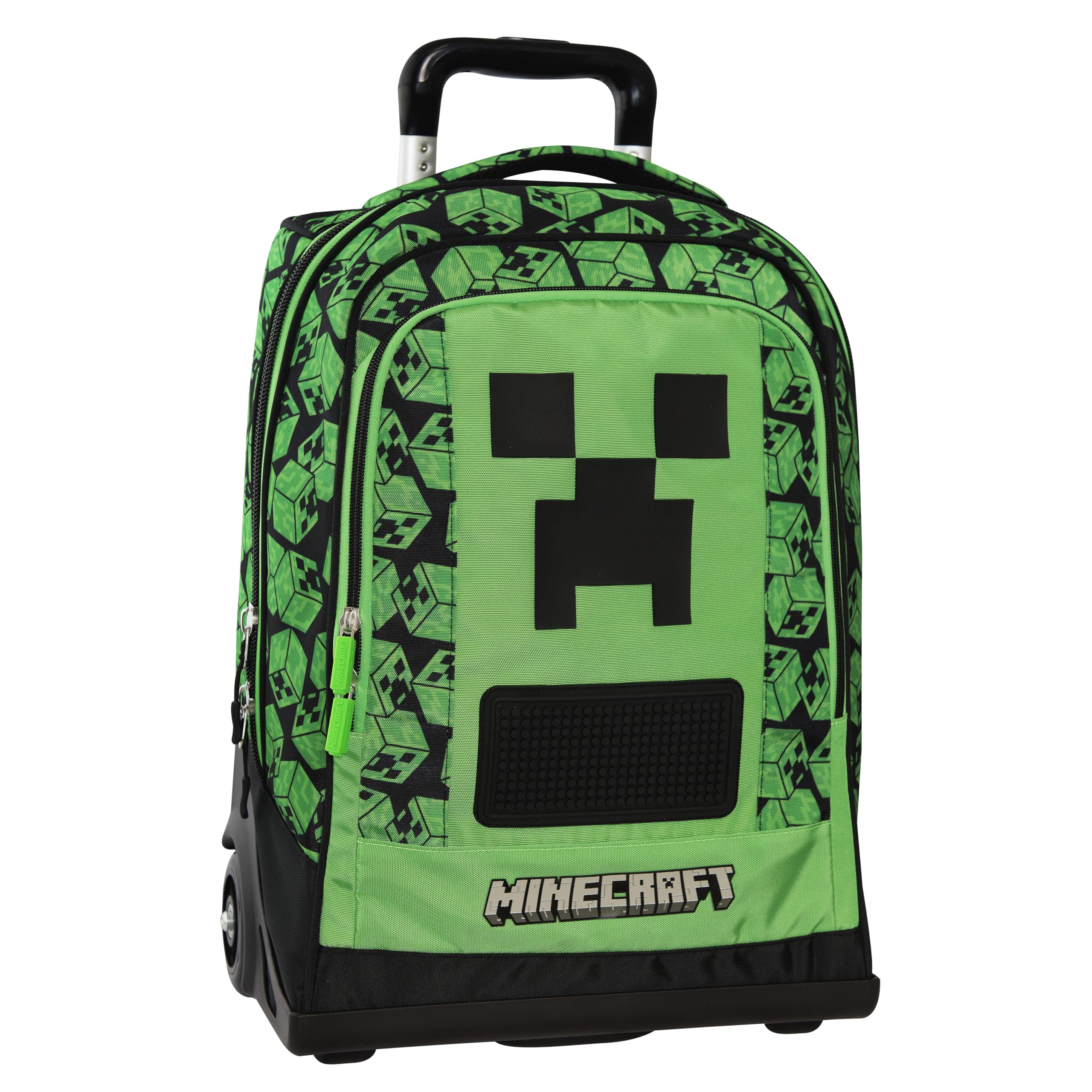 Franco Cosimo Panini Grün/Schwarz Minecraft Schulrucksack, Trolley Offizieller Minecraft, Austauschbare Räder, Verstellbarer Griff, 2 Fächer, Fronttasche, Thermogeformte Rückenlehne Und Boden, Gepolsterte Schultergurte, Verstellbar