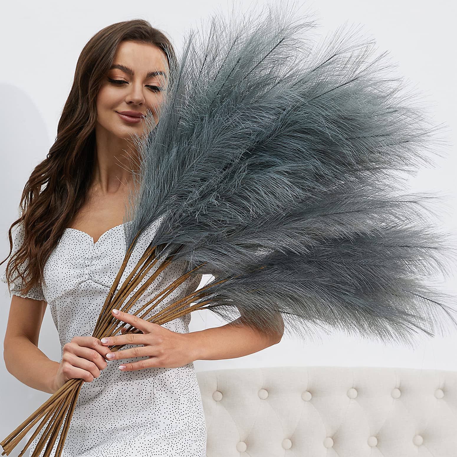 FOTEEWL 8 PCS Faux Pampas Grass Decor 38"/3.1FT Tall Fake Pompas Floral Large Artificial Pompous Grass Branches Plants for Floor Vase Filler Home Boho Decor (Grey)