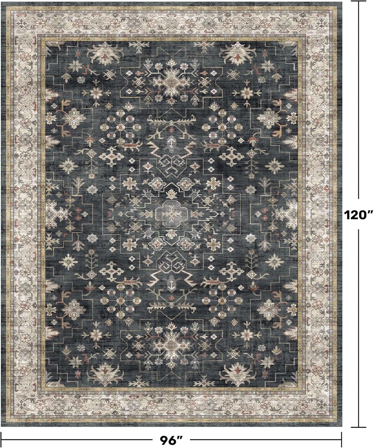 Size large Black Farmhouse Washable Area Rugs for Living Room, Bedroom, Dining Room Kitchen Table Rug for Under Table, Office, Dark Charcoal Tumble Stain Resistant Non-Slip Large Washable