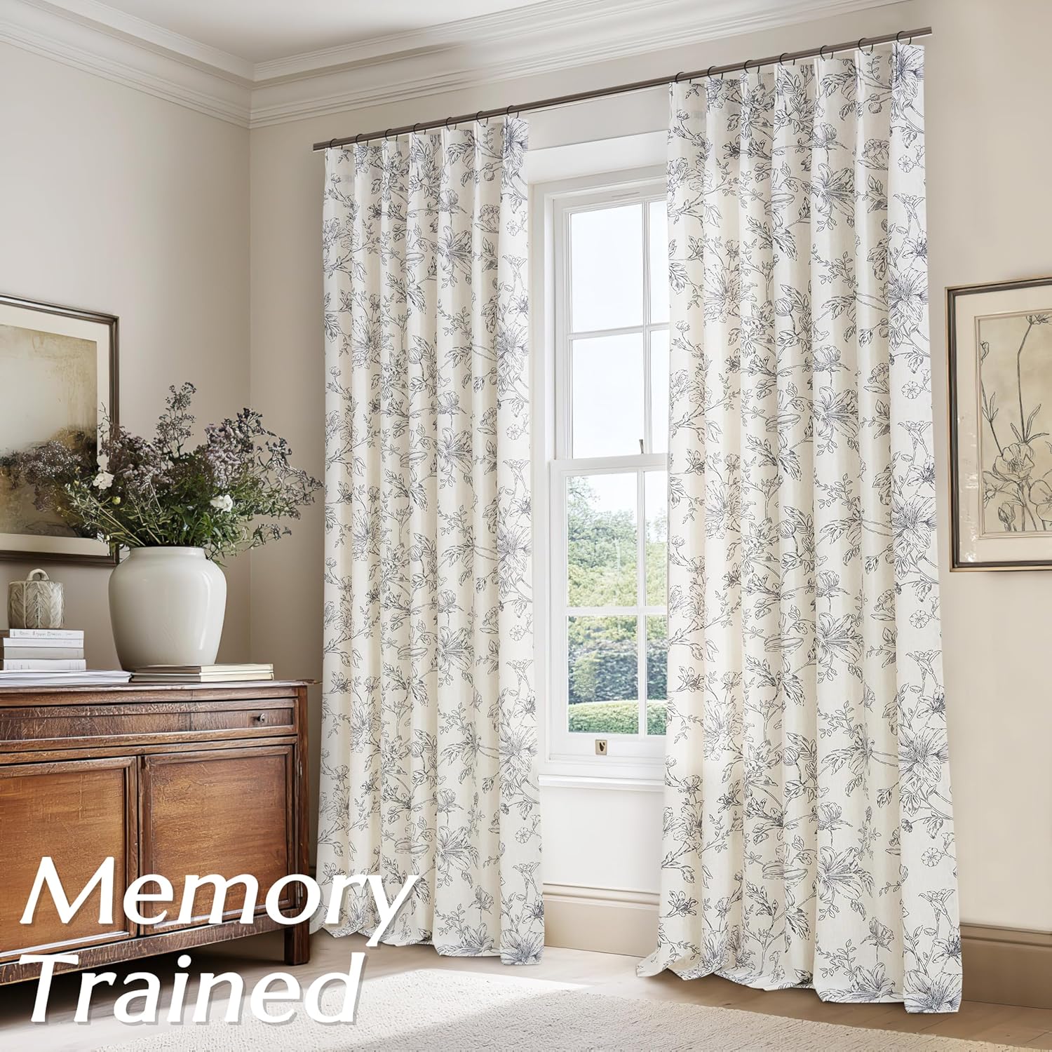 Pinch Pleated Floral Linen Curtains 90 Inch Length for Living Room Bedroom Black Flower Patterned Curtains Printed Vintage Rustic Farmhouse Country Shabby Chic Pinch Pleat Drapes with Hooks Rings