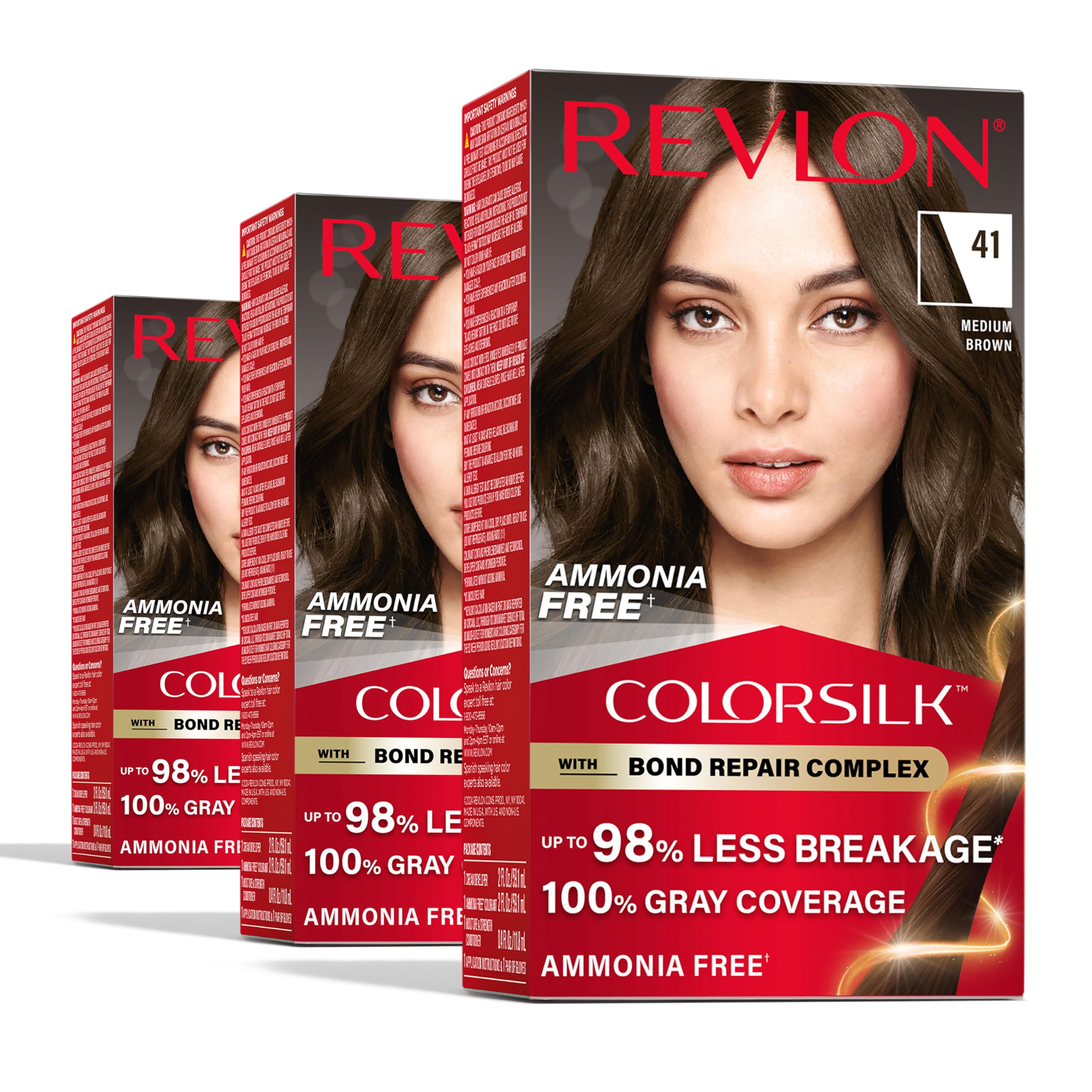 Revlon ColorSilk with Bond Repair Complex, Brown Permanent Hair Color, 100% Gray Coverage, Ammonia Free Hair Dye, Vegan Keratin, 41 Medium Brown (Pack of 3)