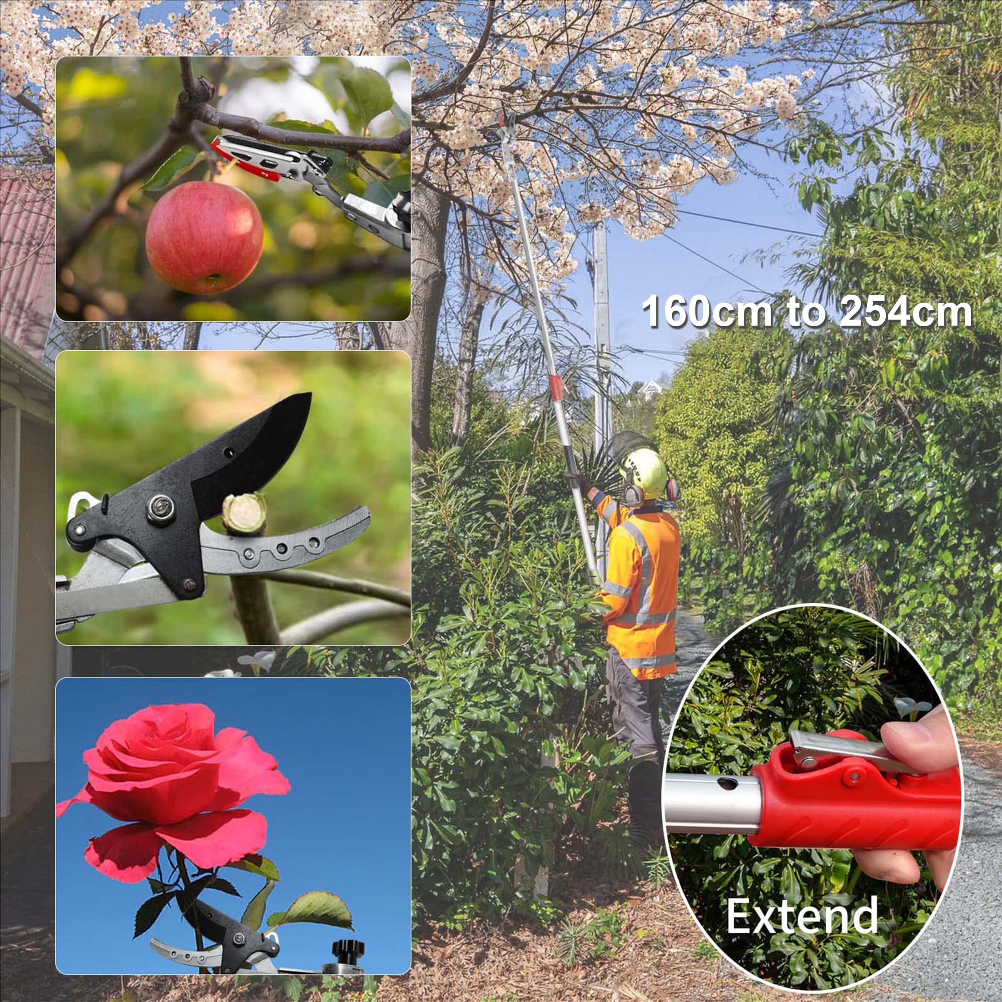FLORA GUARD tijeras de podar telescópicas, 1,6-2,5 m, ligeras y robustas, recogedoras de frutas con cabezal de cuchilla pivotante, mango de aluminio ligero y telescópico, aptas para podar ramas.