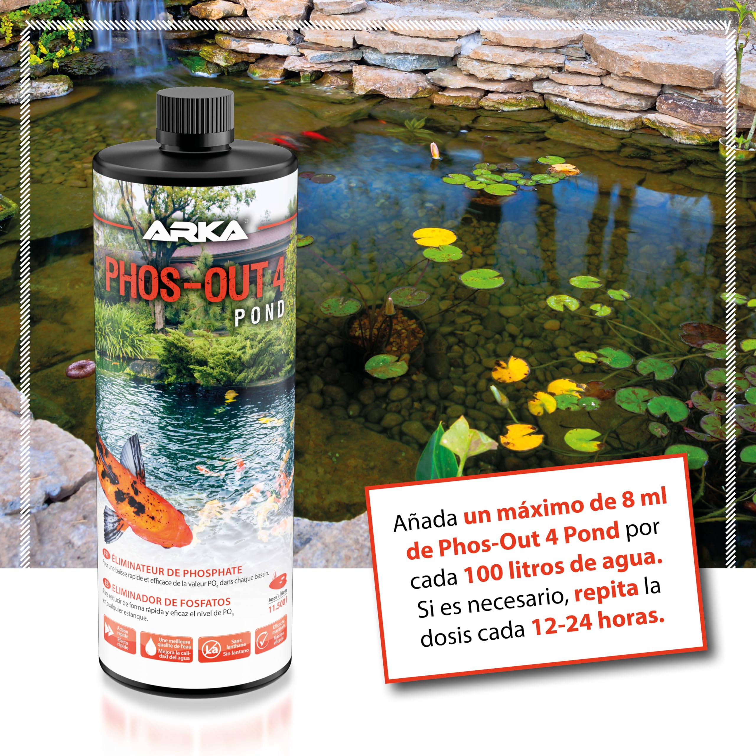 ARKA Pond Phos-out 4-946 ml - Eficaz eliminador líquido de fosfatos para estanques, Mejora la Calidad del Agua sin Utilizar lantano.