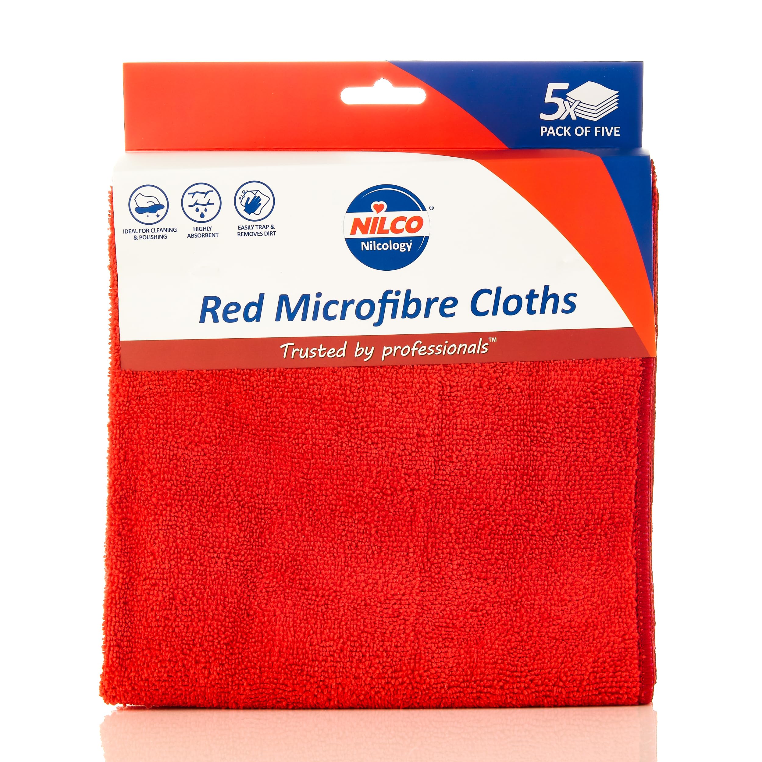 Nilco Red Microfibre Cloths 5 Pack, Non-Abrasive, Highly Absorbent And Streak-Free Cleaning Cloths For All Surfaces