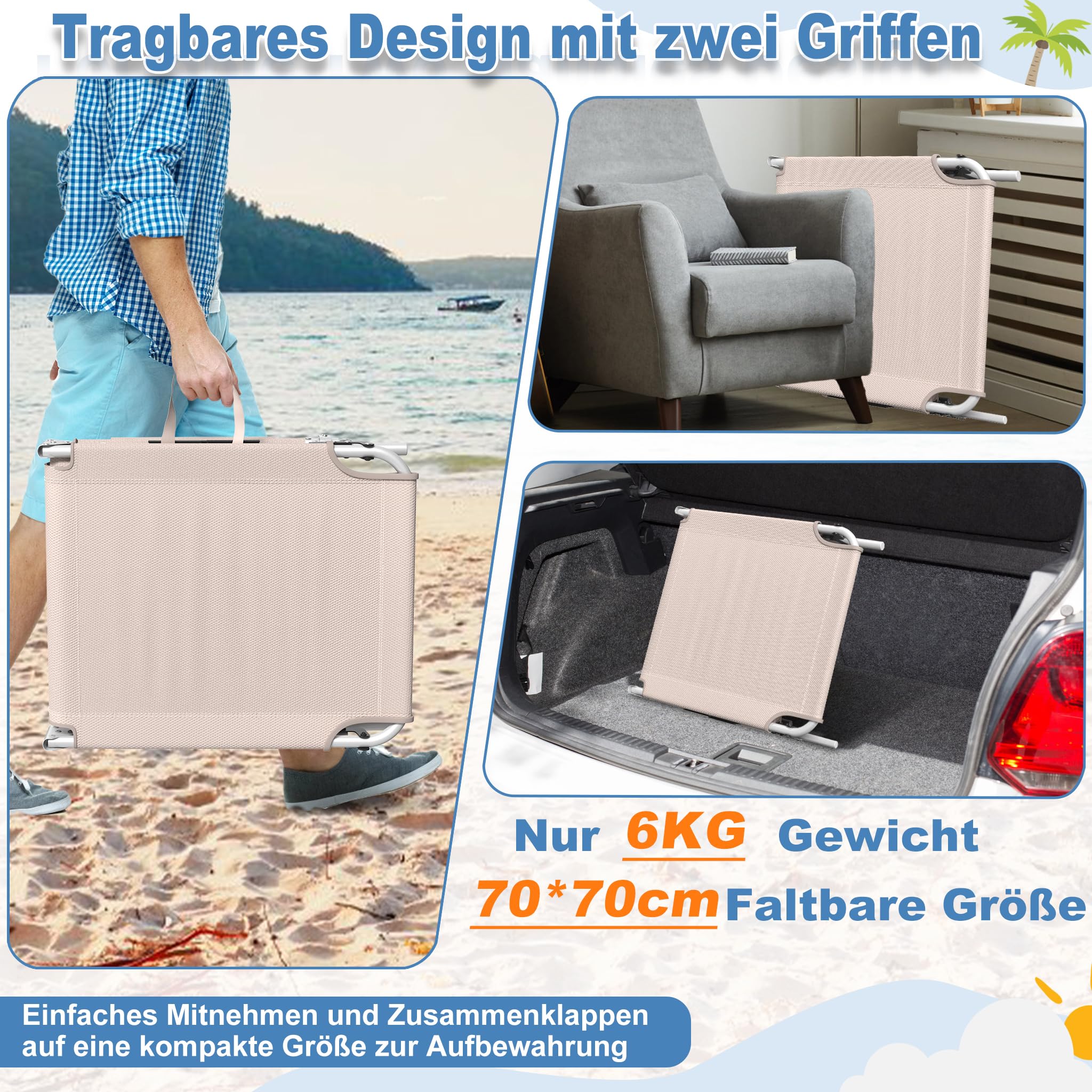AufuN Sonnenliege Klappbar mit Dach und Seitentasche 195x68 cm Schwarz | Wetterfeste Gartenliege, stabile Strandliege, Sonnenschutz & verstellbare Rückenlehne, bis 100 kg, ideal für Terrasse Campin