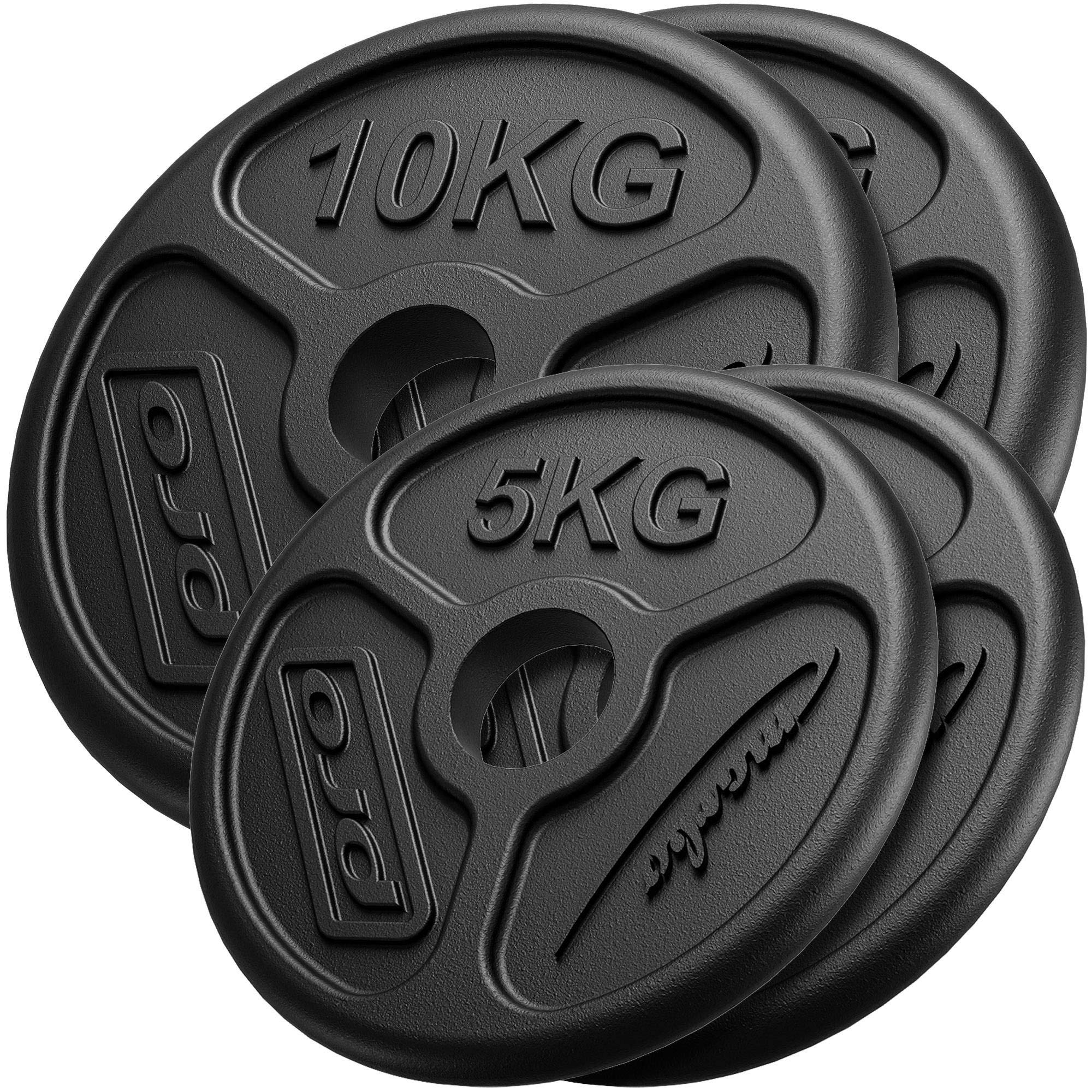 Marbo Sport, Olympia Hantelscheiben Set aus Gusseisen, Langhantelstangen, Gewichte Hantel Bar mit Aufnahme Ø51 mm, 2 x 5 kg + 2 x 10 kg, Home Gym, Armtrainer - Gesamtgewicht 30 kg