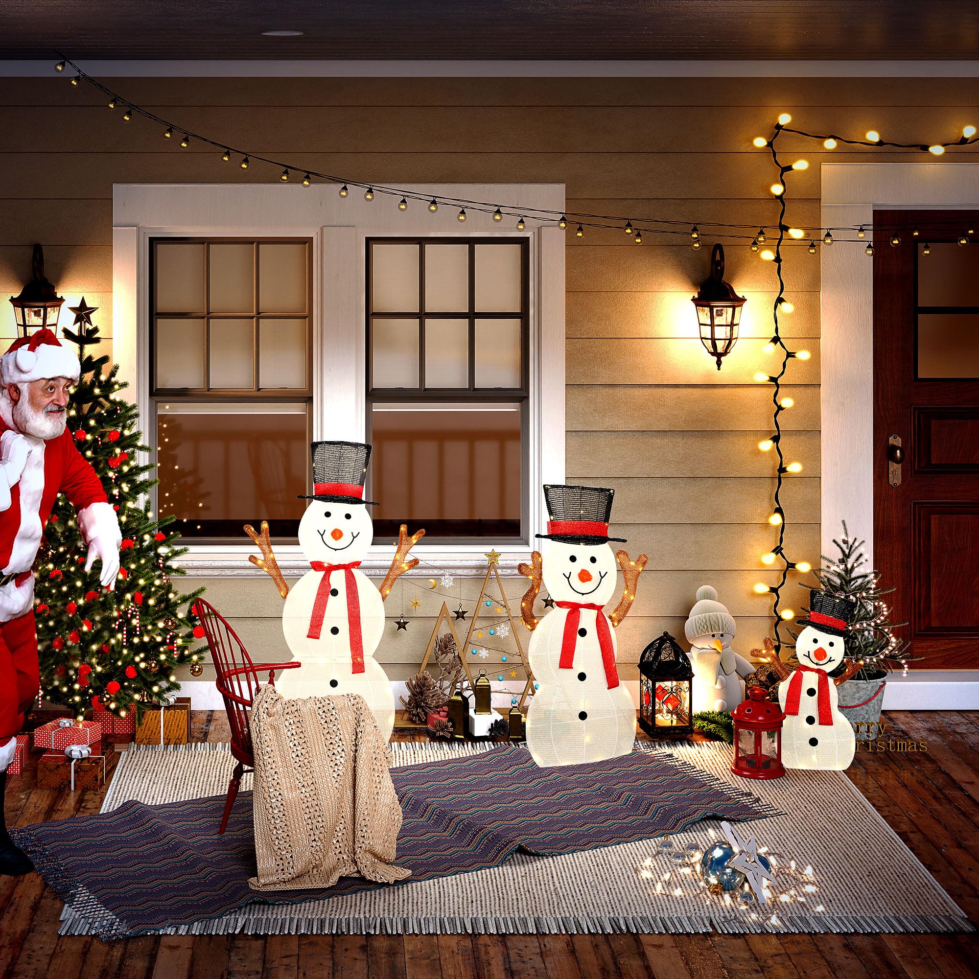 Outsunny 3-teilige Weihnachtsdeko Schneemann-Familie 91,5 cm mit LED | Weihnachtsfigur, Weihnachtsdekoration mit Stahlrahmen, Spannbändern, Weihnachtsbeleuchtung für Indoor & Outdoor, IP44