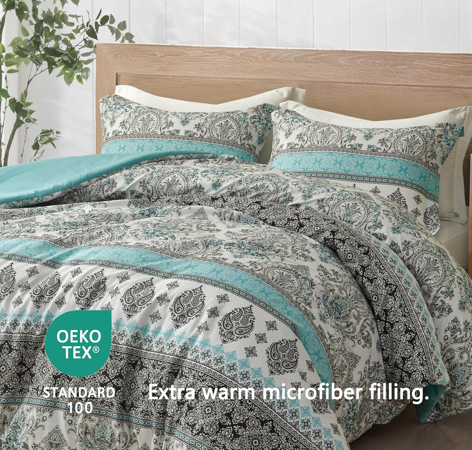 Chezmoi Collection Herald 3-Piece Printed Comforter Set, Aqua Blue Black White Boho Damask - Pre-Washed Microfiber Lightweight Bedding for All Seasons, Queen Size
