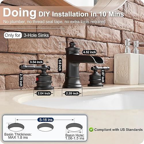 Miniatura 6 de Grifo de baño de cascada negro, grifos de baño de latón para fregadero de 3 agujeros, grifo de tocador de baño de 8 pulgadas con 2 asas mangueras de