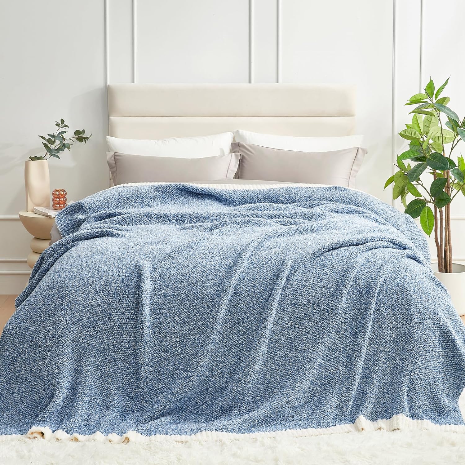 Snuggle Sac Queen Size Bed Blanket Heather Blue, Reversible Super Soft Microfiber Blankets Warm Cozy Knit Fuzzy Plush Bed Blankets, Blue, Queen 90x90 Heather Blue Queen (90"x90")