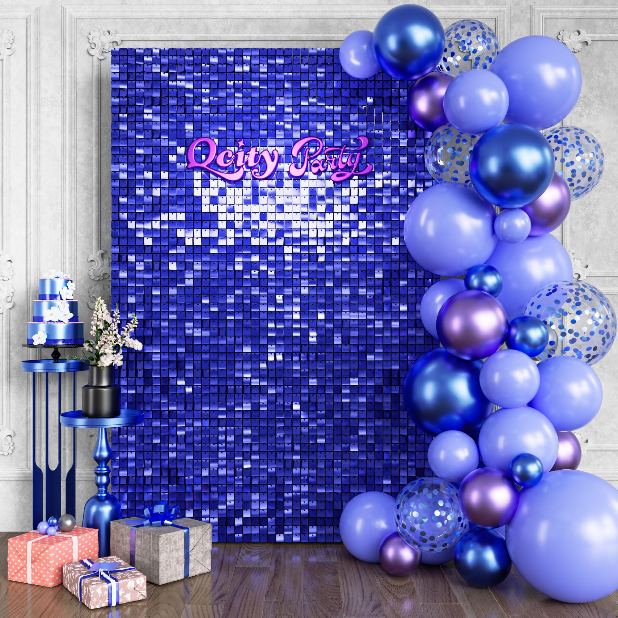 Qcity Blue Shimmer Wall Backdrop 24PCS, Black Back Not See-Through Design, Square Sequin Glitter Backdrop Panel, Perfect for Outdoor Events, Birthdays
