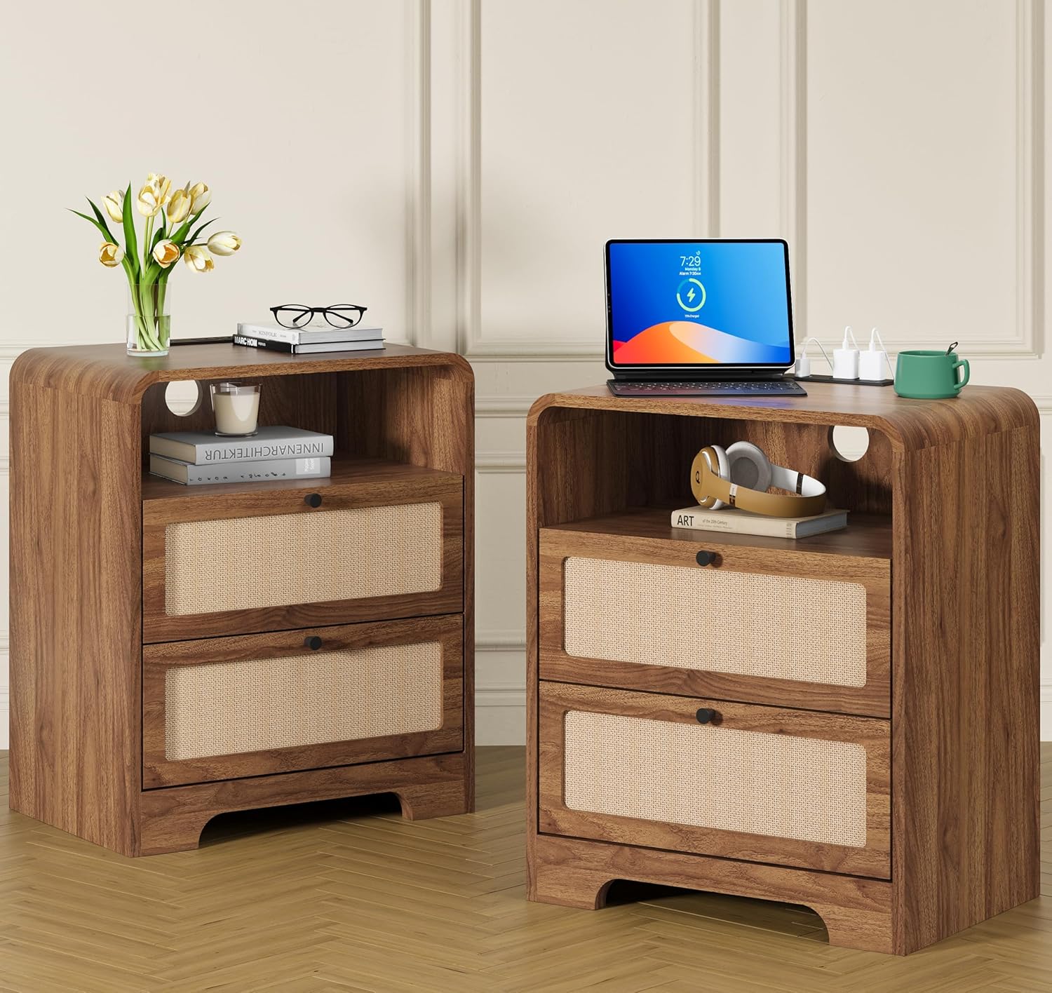 Set of 2 Night Stand with Charging Station, 19.7" Wooden Side Table Curved Nightstands with 2 Drawers & USB/Type-C Ports, Mid Century Modern End Table for Living Room, Bedroom, Nature Linen, Walnut