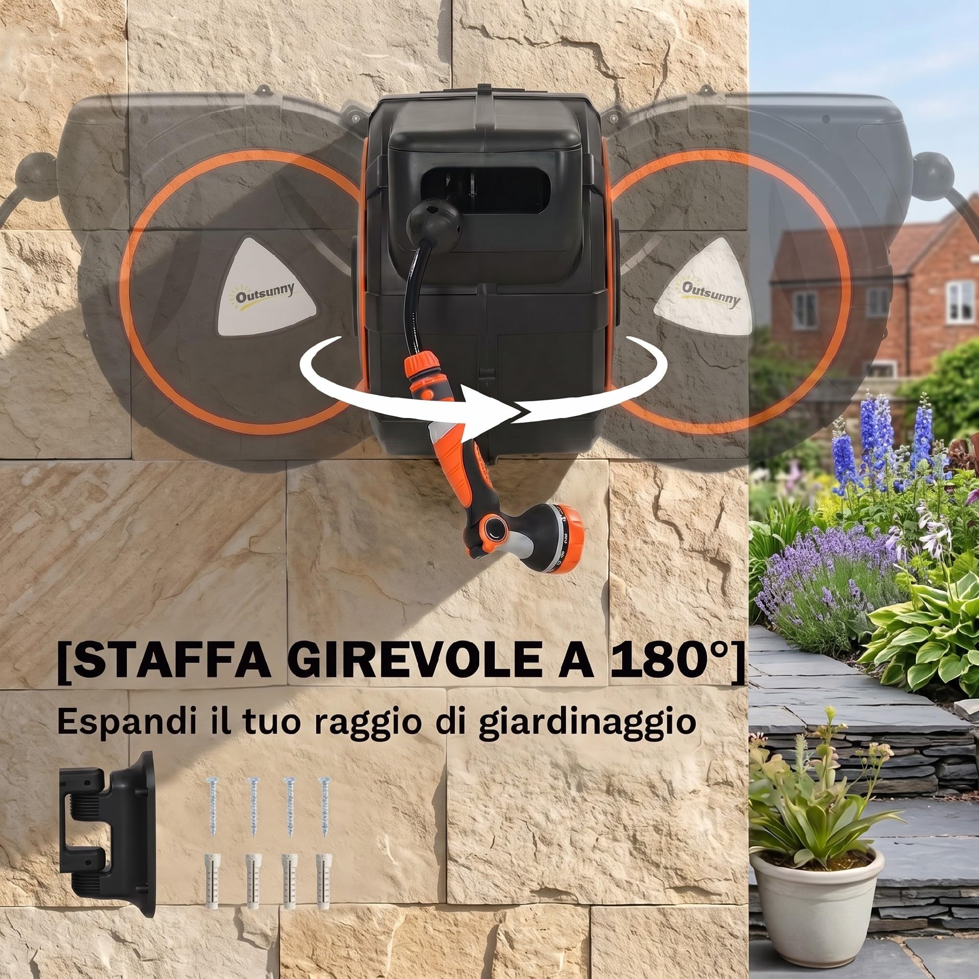 Outsunny Avvolgitubo da Giardino Retrattile con Tubo dell'Acqua 28+2 m