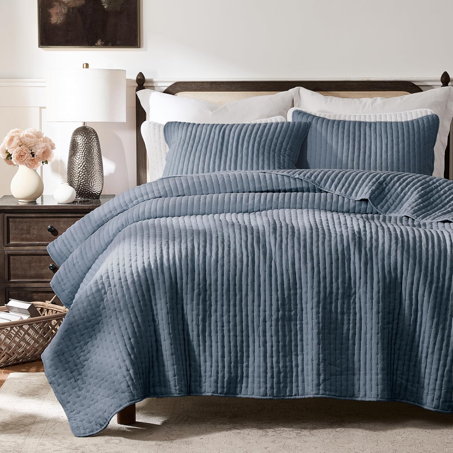 WDCOZY Blue Cross Stitch Queen Size Quilt Set, Striped Lightweight Soft Bedspread, Channel Farmhouse Rustic Coverlet, All Season Country Bedding, Thin Comforter Smoky Blue Queen