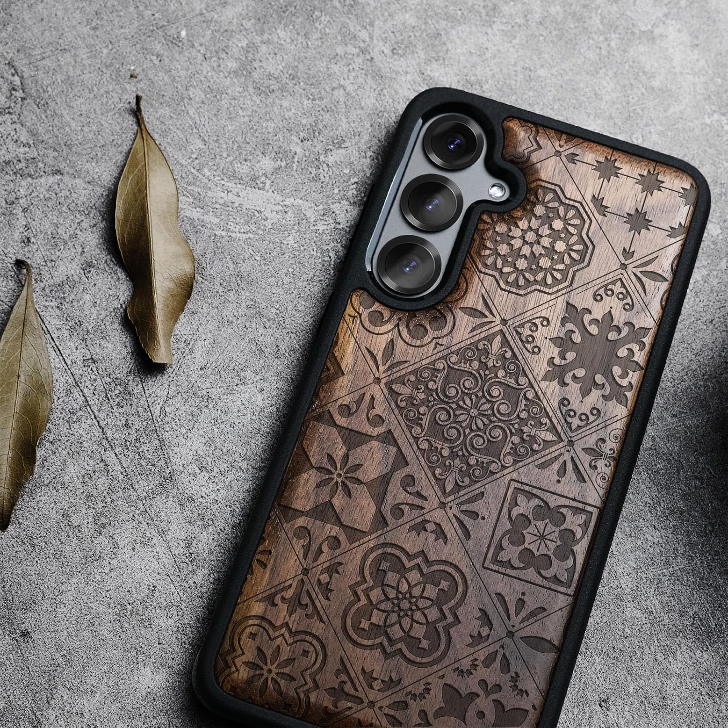 Carveit Magnetic Wooden Case for Galaxy S25+ Samsung S25 Plus Case, TPU Shockproof Cover & Wood Engraved, Compatible with MagSafe Wireless Chargers (Tapestry of Moroccan Tiles) Walnut