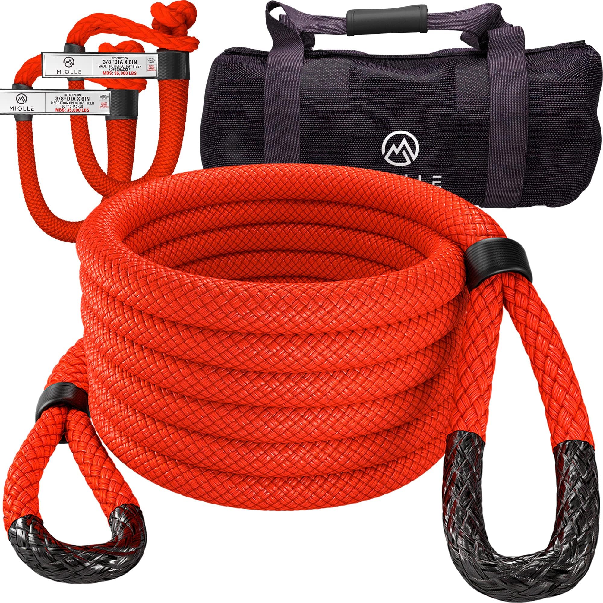 Kinetic Recovery Tow Rope 1" x30' - 33,900 lbs MBS, Heavy Duty Kinetic Rope, USA Spectra 2 Soft Shackles 3/8' x 6" 35000 lbs MBS