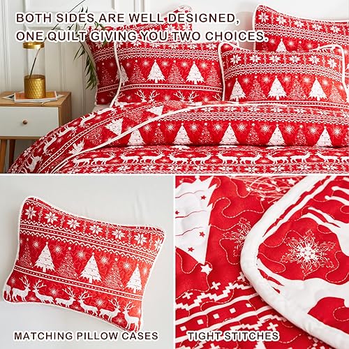 Miniatura 6 de Joyreap Juego de edredón de Navidad de 3 piezas, tamaño Queen, patrón de árbol de copo de nieve de reno rojo y blanco, funda de cama de microfibra