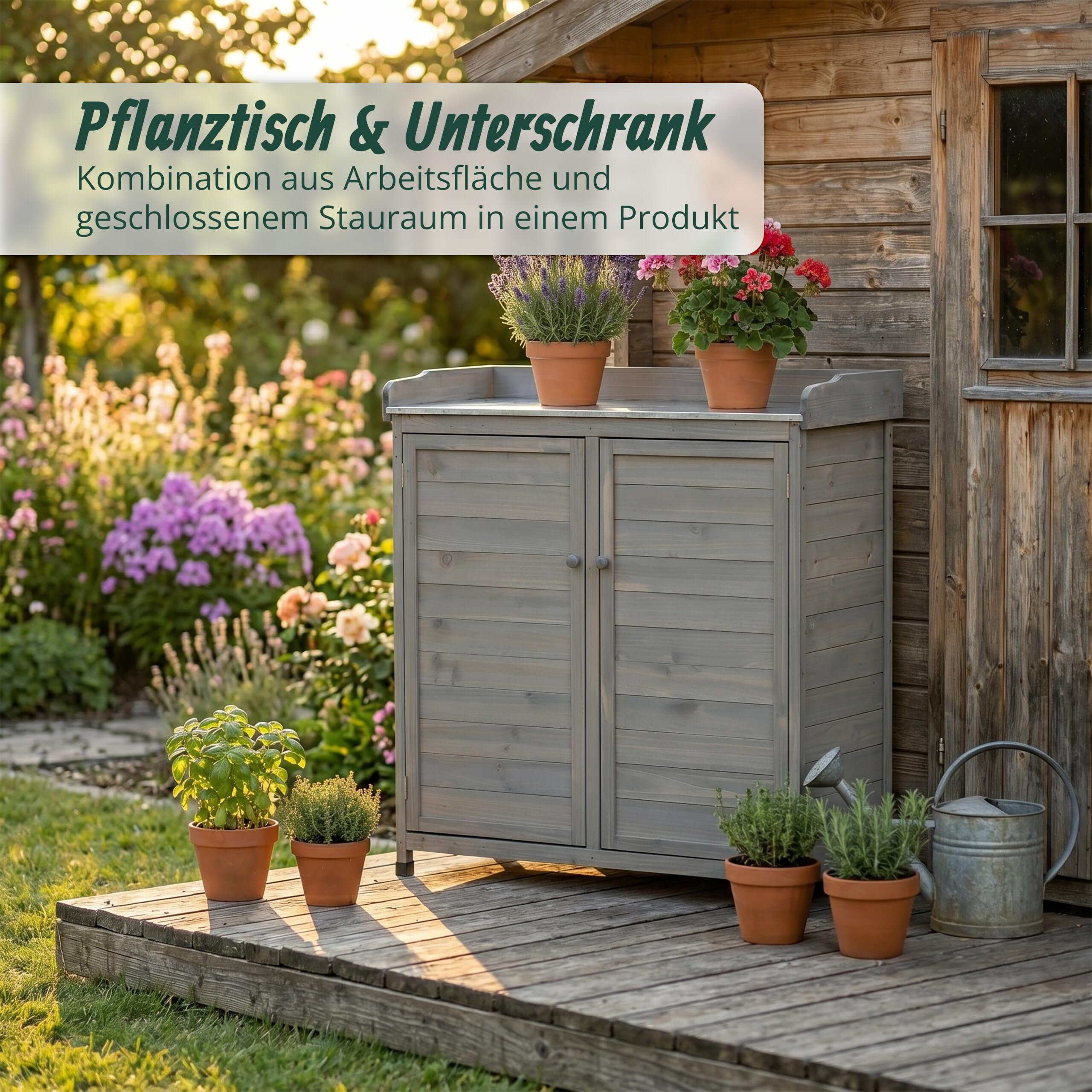Relaxdays Pflanztisch mit Unterschrank, Holz, verzinkte Arbeitsplatte, grau