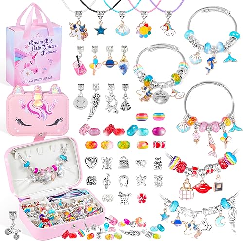 Kit de fabricación de pulseras con dijes, kit de fabricación de joyas de unicornio, relleno de cesta de Pascua para niñas de 8 a 12 años, pulseras,