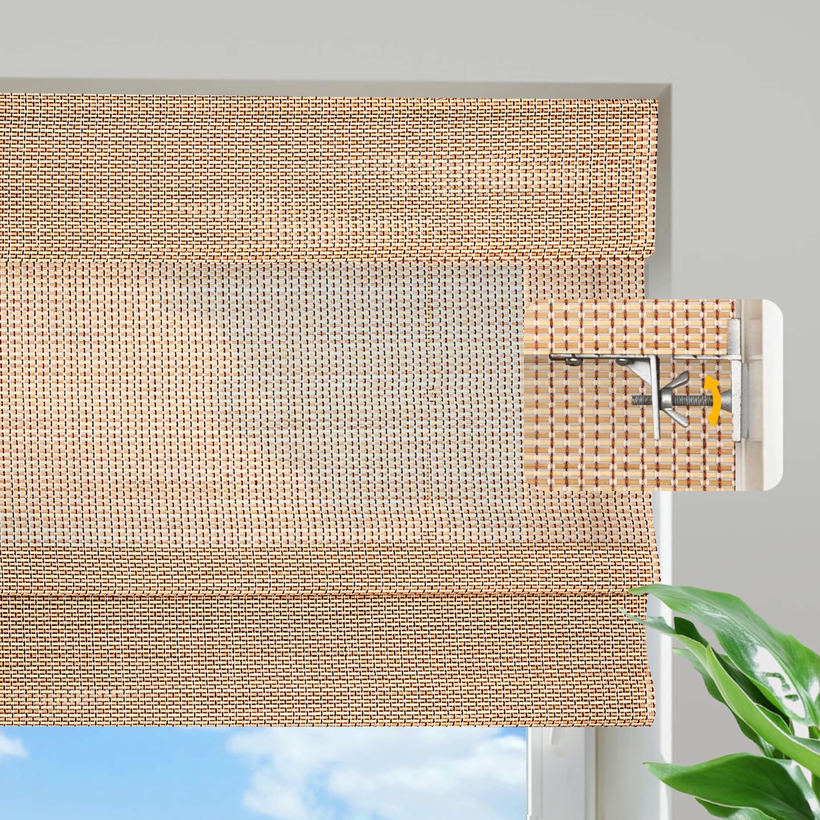 HousCa Blackout No Drill Roman Shades, Custom Cordless Bamboo Window Shades Window Blinds, Natural 100% Bamboo Shades for Windows, French Doors, Small Windows, Color 21