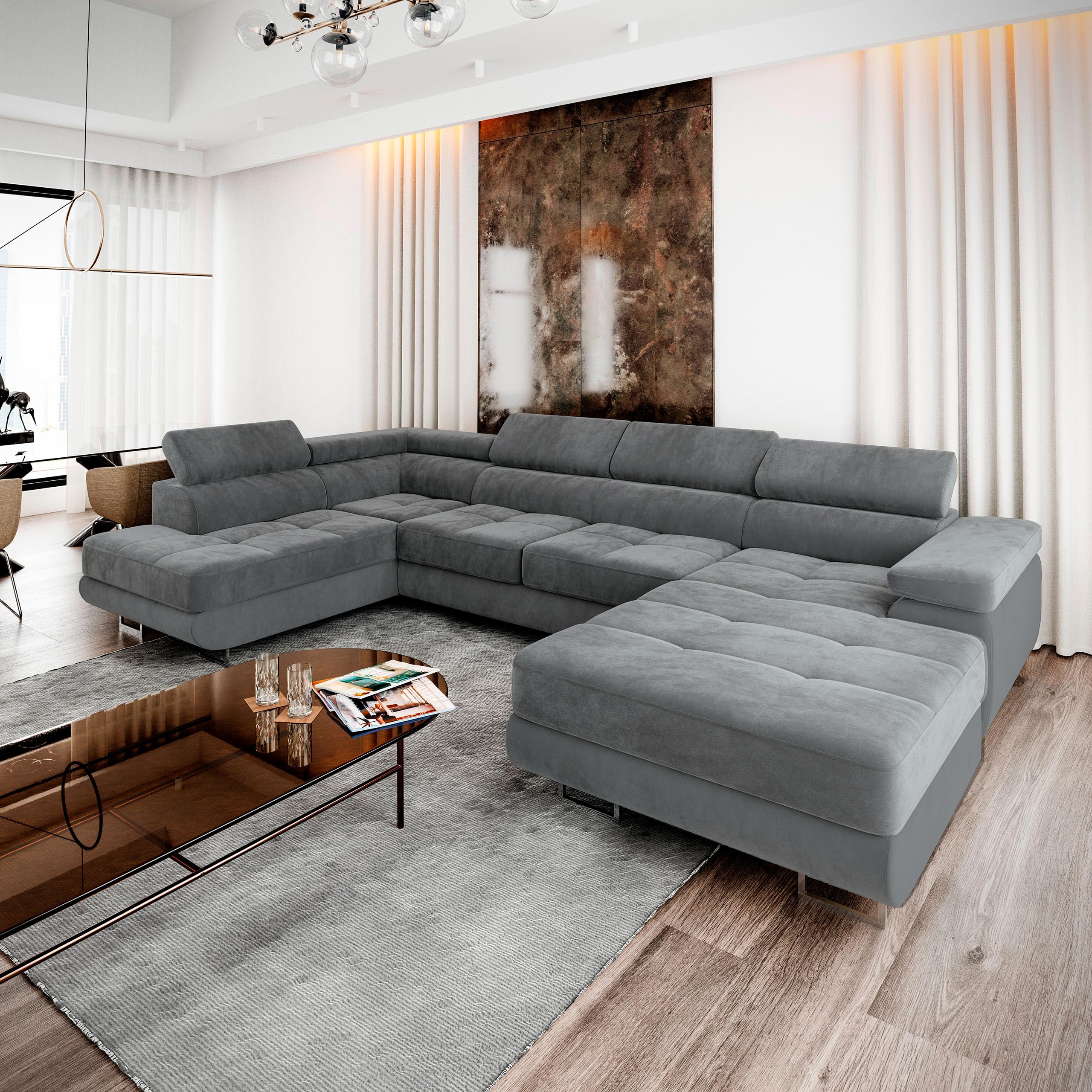 Masseno Ecksofa CASONE L-S mit Schlaffunktion U-Form, Sofa mit Bettkasten, Wohnzimmersofa, Couch, Soffa, Bettsofa, Couchgarnitur- Grau, Monolith 85