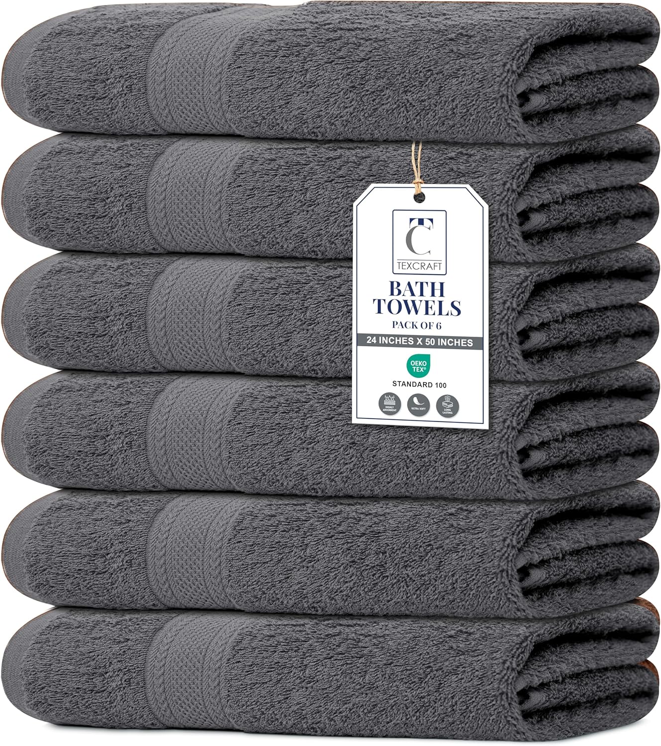 Large Bath Towels Set of 6 – 100% Cotton Terry – 24" x 50" – Quick Dry, Soft & Highly Absorbent – Grey Towels for Bathroom, Gym, Spa, Pool & Daily Use