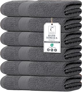 TEXCRAFT Large Bath Towels Set of 6 - 100% Cotton Terry 24x50 Inch Quick Dry Soft Absorbent Grey Towels for Bathroom Gym Spa Pool